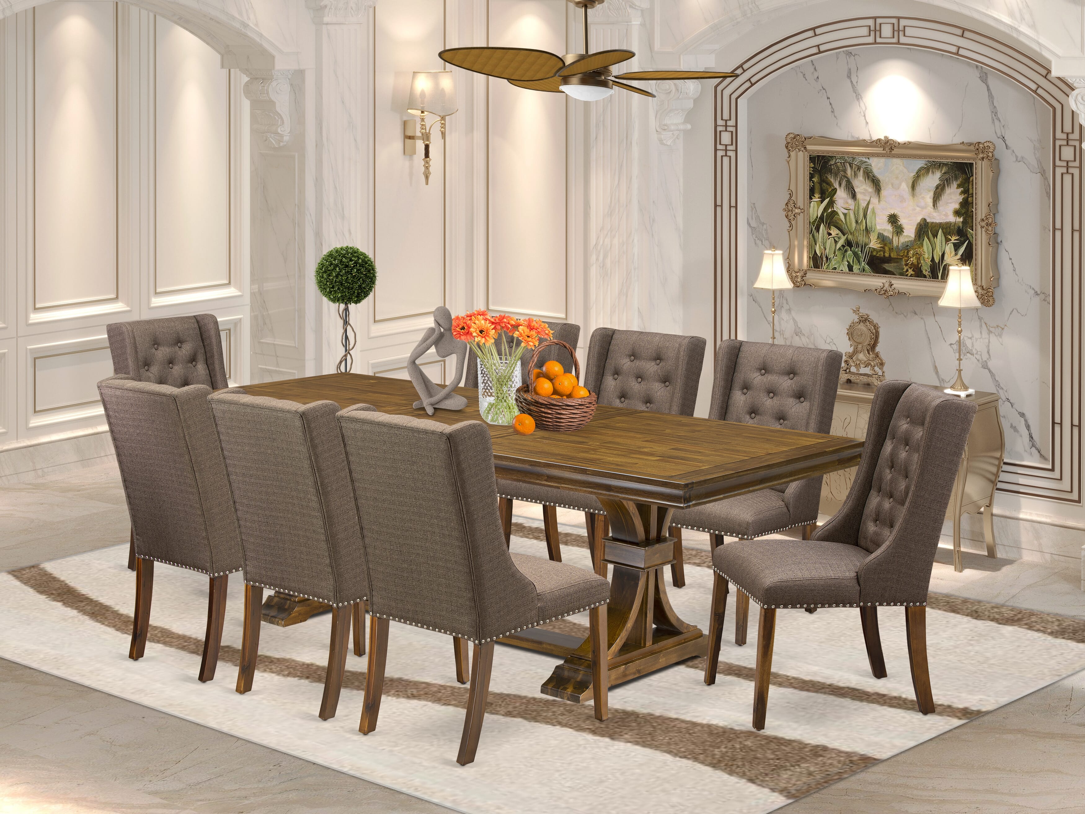 Luxe by East West Furniture LEFO9-AWA-18 - 9-piece kitchen table set includes a breakfast table and 8 Brown Linen Fabric parson chairs with Button Tufted Chair Back - Antique Walnut finish.