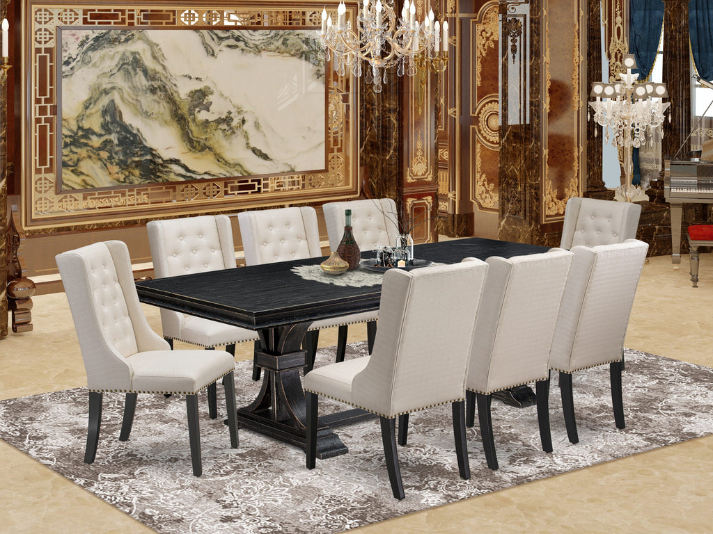 Luxe by East West Furniture LEFO9-SBB-01 - 9-piece dining set includes a rectangular dining table and 8 Cream Linen Fabric dining chairs with Button Tufted Chair Back - Sand Blasting Black.