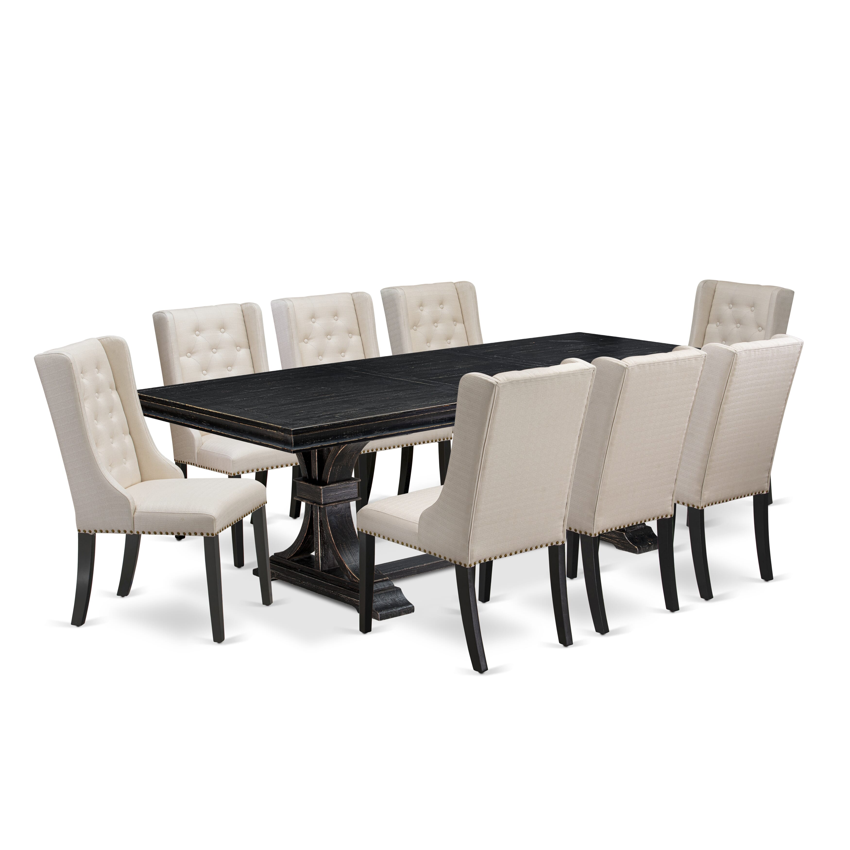 Luxe by East West Furniture LEFO9-SBB-01 - 9-piece dining set includes a rectangular dining table and 8 Cream Linen Fabric dining chairs with Button Tufted Chair Back - Sand Blasting Black.