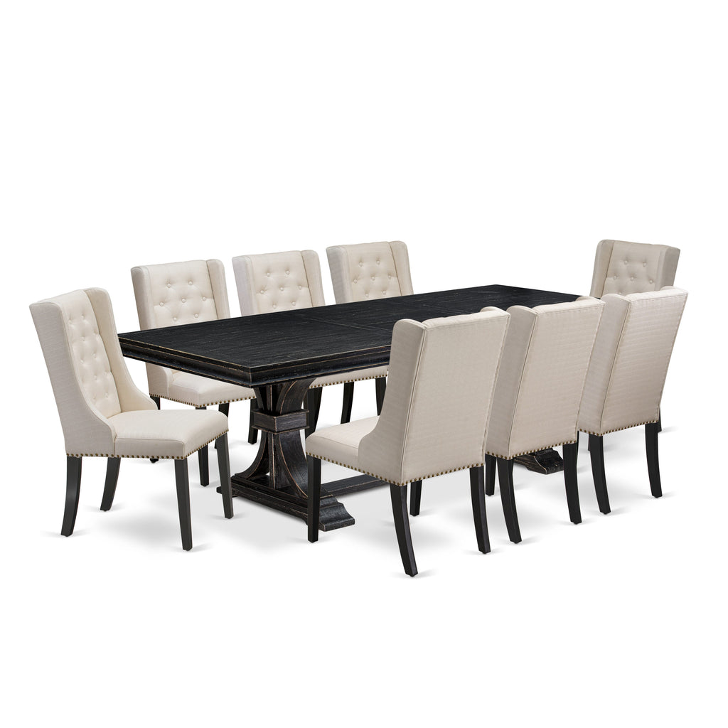 Luxe by East West Furniture LEFO9-SBB-01 - 9-piece dining set includes a rectangular dining table and 8 Cream Linen Fabric dining chairs with Button Tufted Chair Back - Sand Blasting Black.