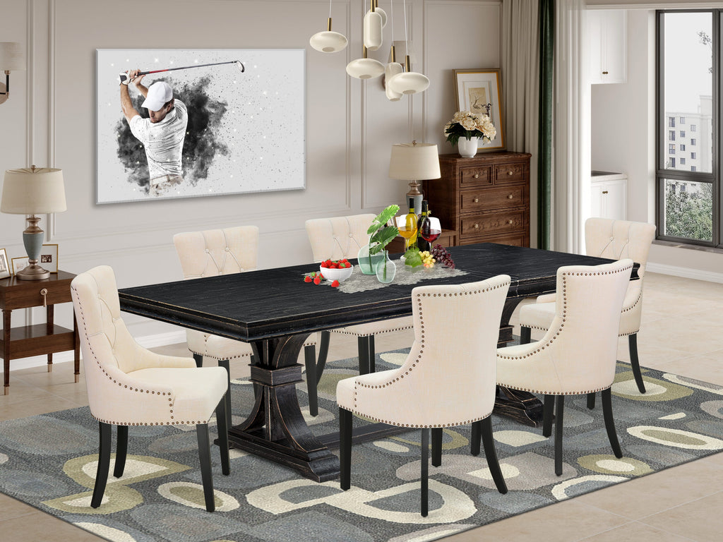 Luxe by East West Furniture LEFR7-SBB-02 - 7-piece dining set consists of a wooden table and 6 Light Beige Linen Fabric dining chairs & black legs with Button Tufted Back - Sand Blasting Black finish.