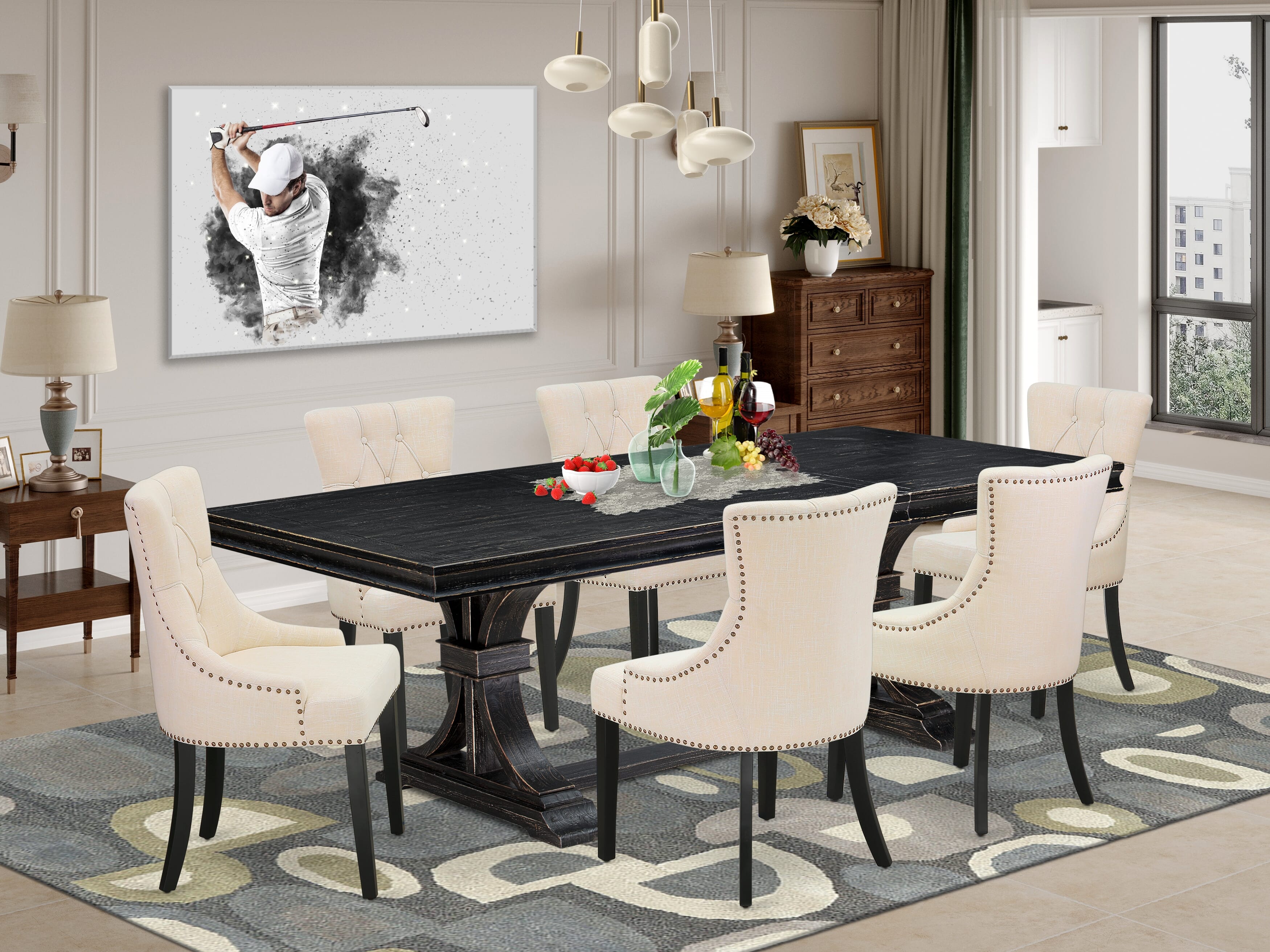 Luxe by East West Furniture LEFR7-SBB-02 - 7-piece dining set consists of a wooden table and 6 Light Beige Linen Fabric dining chairs & black legs with Button Tufted Back - Sand Blasting Black finish.