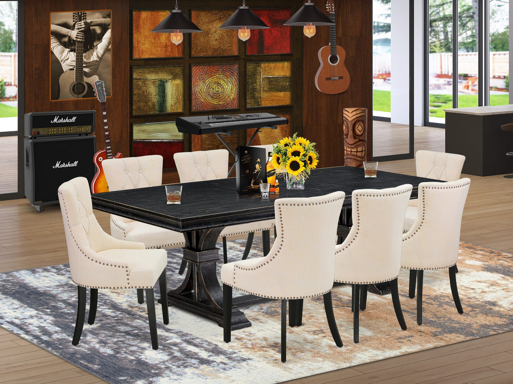 Luxe by East West Furniture LEFR9-SBB-02 - 9-piece dining set includes a breakfast table and 8 Light Beige Linen Fabric kitchen chairs & black legs with Button Tufted Back - Sand Blasting Black finish.