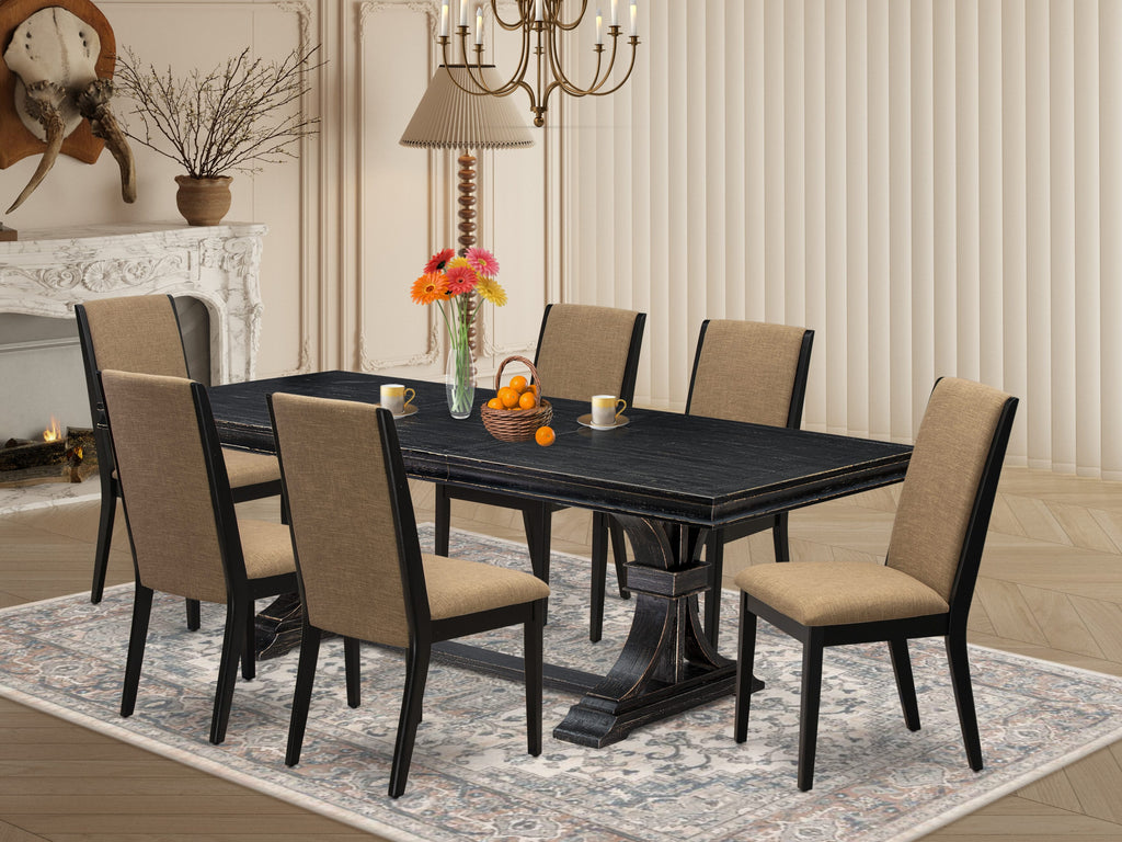 Luxe by East West Furniture LELA7-SBB-47 - 7-piece dining set consists of a wooden table 6 Light Sable Linen Fabric dining chairs & black legs with Upholstered Back - Sand Blasting Black finish.