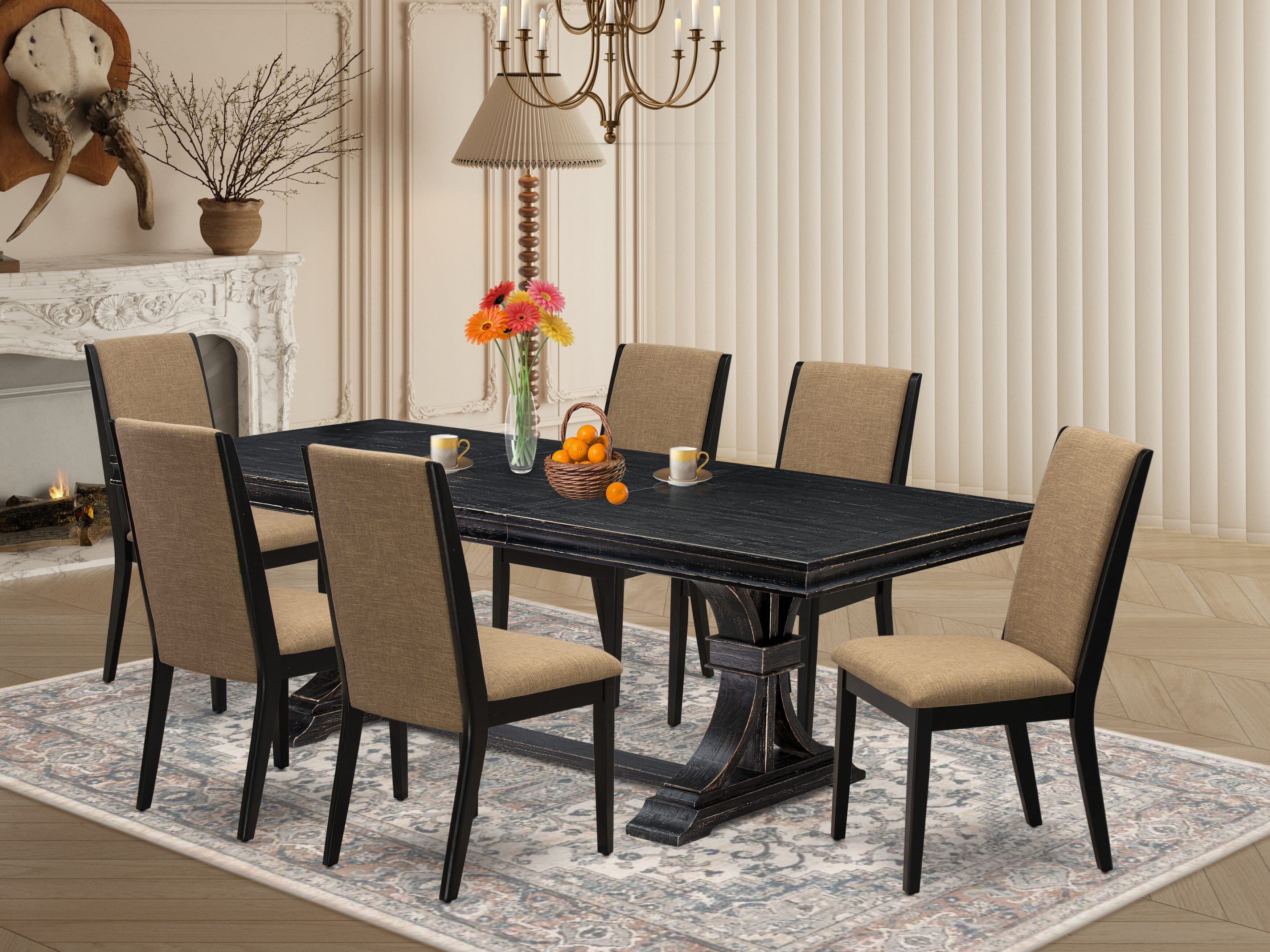 Luxe by East West Furniture LELA7-SBB-47 - 7-piece dining set consists of a wooden table 6 Light Sable Linen Fabric dining chairs & black legs with Upholstered Back - Sand Blasting Black finish.