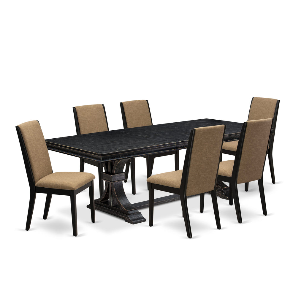 Luxe by East West Furniture LELA7-SBB-47 - 7-piece dining set consists of a wooden table 6 Light Sable Linen Fabric dining chairs & black legs with Upholstered Back - Sand Blasting Black finish.
