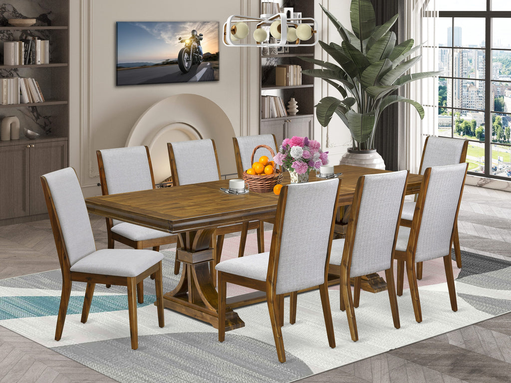 Luxe by East West Furniture LELA9-AWA-05 9 Pieces Dining table set includes a Rectangular Kitchen Table and 8 Grey Linen Fabric Dining Room Chairs, Antique Walnut finish