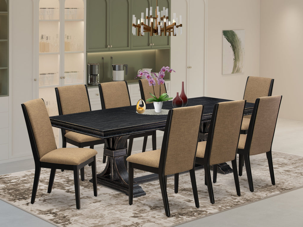 Luxe by East West Furniture LELA9-SBB-47 - 9-piece kitchen set includes a kitchen table & 8 Light Sable Linen Fabric dining chairs & black legs with Upholstered Back - Sand Blasting Black finish.