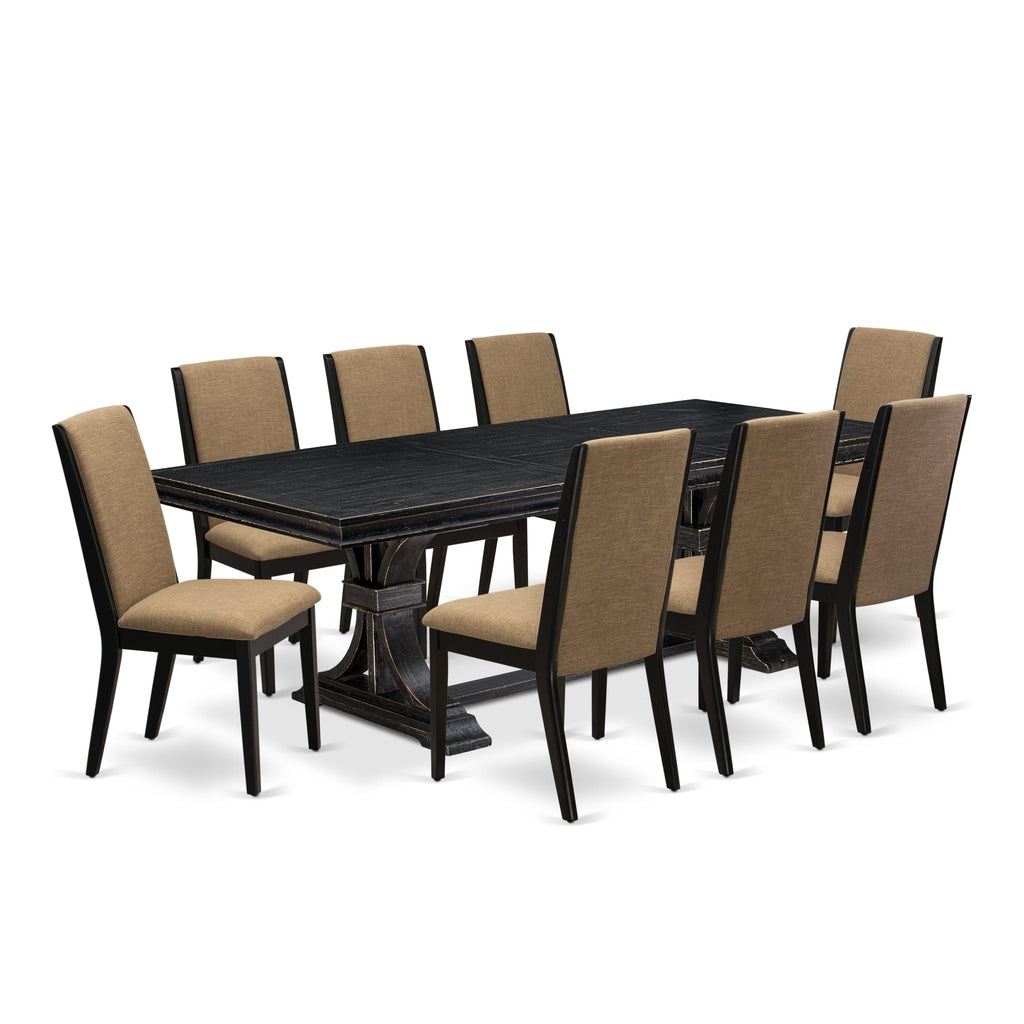 Luxe by East West Furniture LELA9-SBB-47 - 9-piece kitchen set includes a kitchen table & 8 Light Sable Linen Fabric dining chairs & black legs with Upholstered Back - Sand Blasting Black finish.