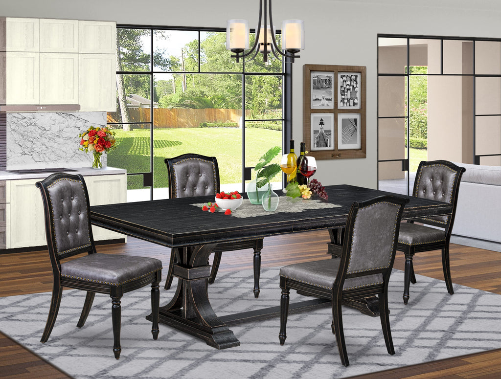 Luxe by East West Furniture - LEMA5-SBB-34 - 5-piece Modern Dining Set consists of a Dining Table and 4 Dark Grey PU Leather Dining Chairs with Button Tufted Back - Sand Blasting Black Finish