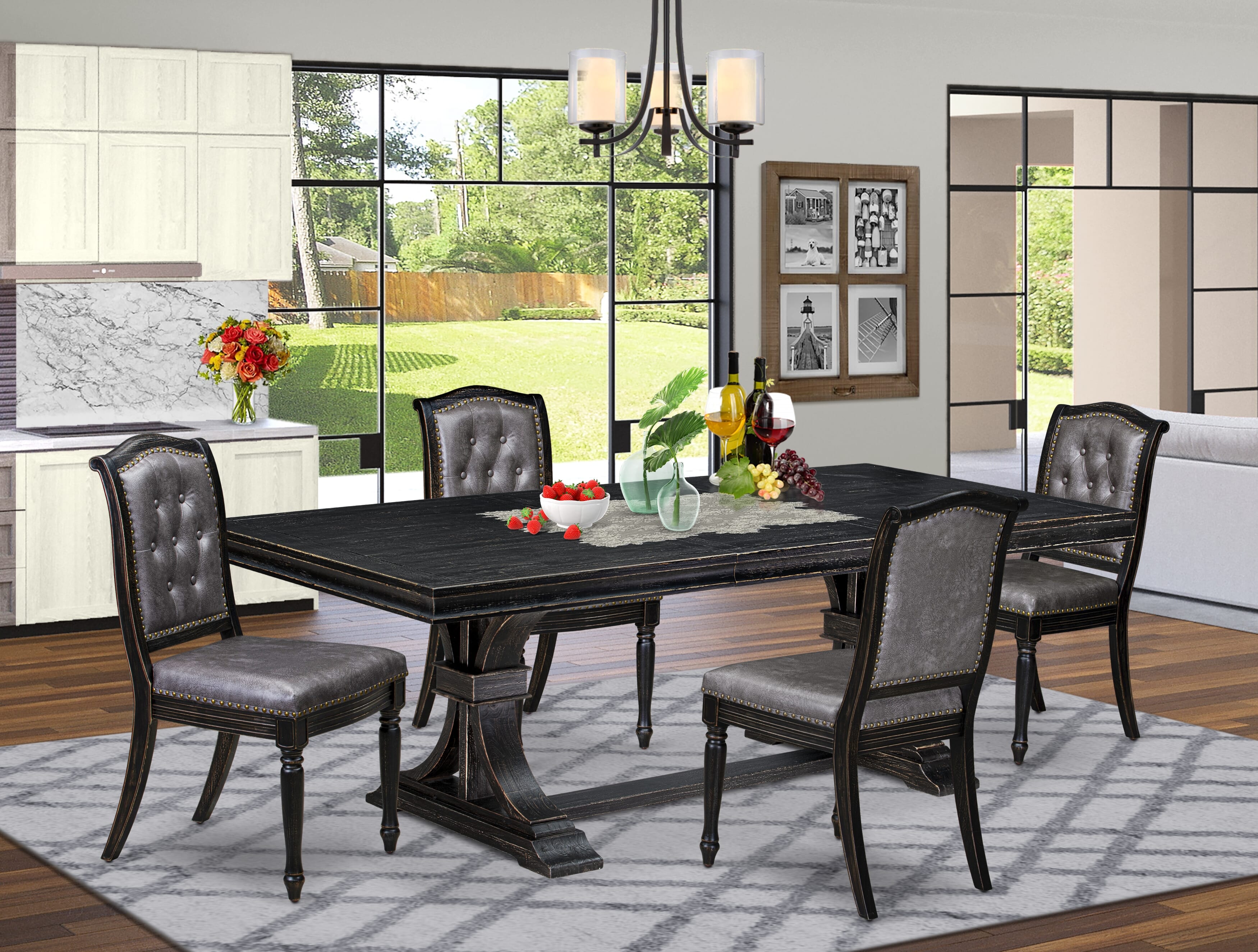 Luxe by East West Furniture - LEMA5-SBB-34 - 5-piece Modern Dining Set consists of a Dining Table and 4 Dark Grey PU Leather Dining Chairs with Button Tufted Back - Sand Blasting Black Finish