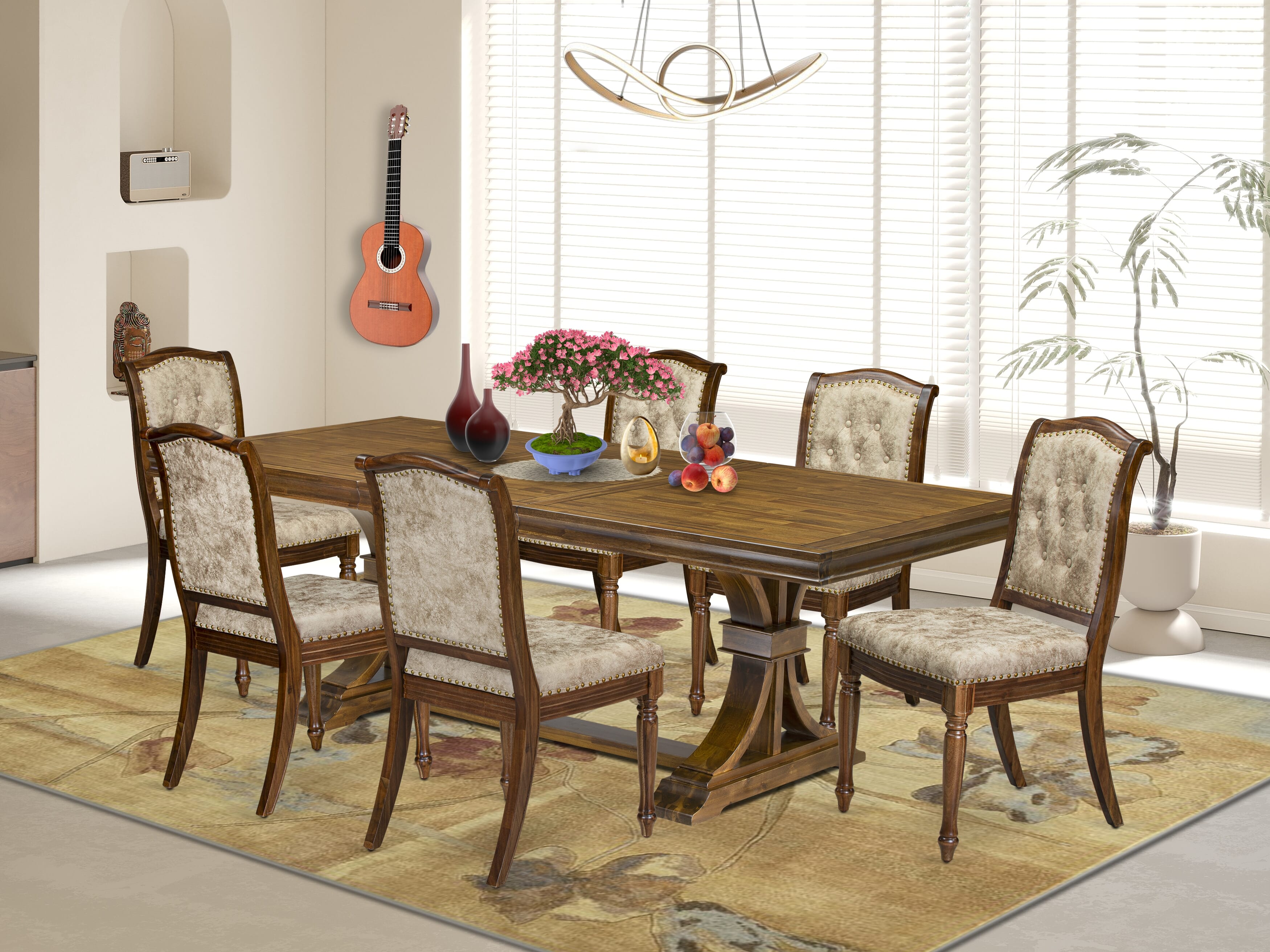 Luxe by East West Furniture LEMA7-AWA-36 7 Pieces Dining Room set consists of a Rectangular Modern Dining Table and 6 Light Beige PU Leather Kitchen Chairs, Antique Walnut finish