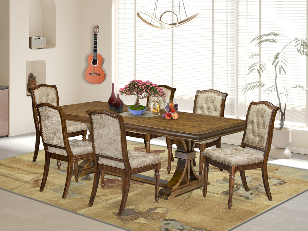 Luxe by East West Furniture LEMA7-AWA-36 7 Pieces Dining Room set consists of a Rectangular Modern Dining Table and 6 Light Beige PU Leather Kitchen Chairs, Antique Walnut finish