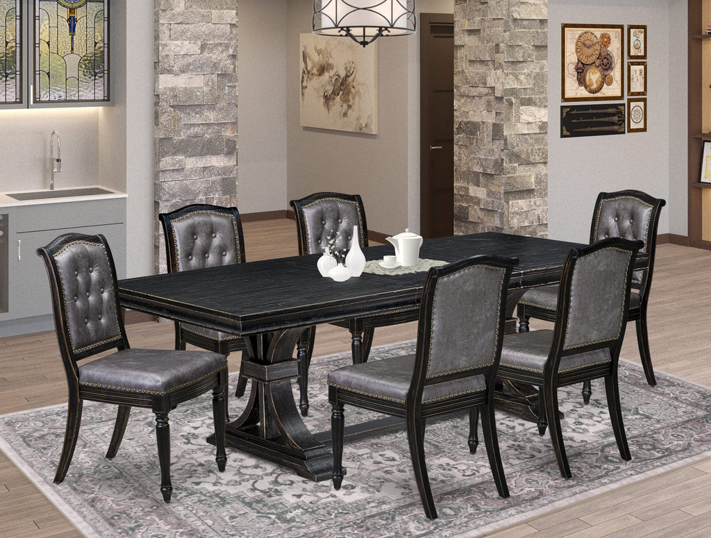 Luxe by East West Furniture - LEMA7-SBB-34 - 7-pc Dining Room Table Set consists of a Kitchen Table and 6 Dark Grey PU Leather Upholstered Chairs with Button Tufted Back - Sand Blasting Black Finish