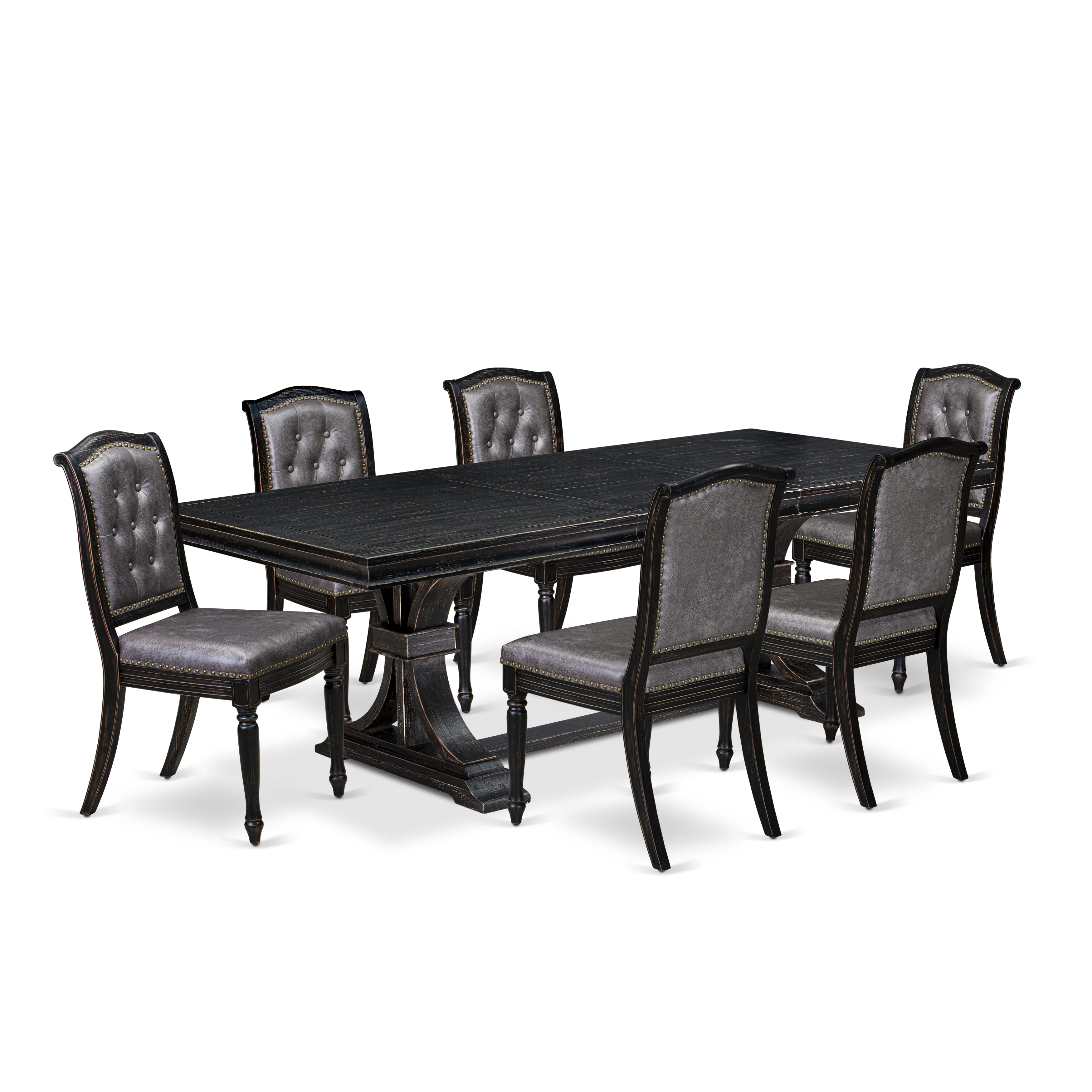 Luxe by East West Furniture - LEMA7-SBB-34 - 7-pc Dining Room Table Set consists of a Kitchen Table and 6 Dark Grey PU Leather Upholstered Chairs with Button Tufted Back - Sand Blasting Black Finish