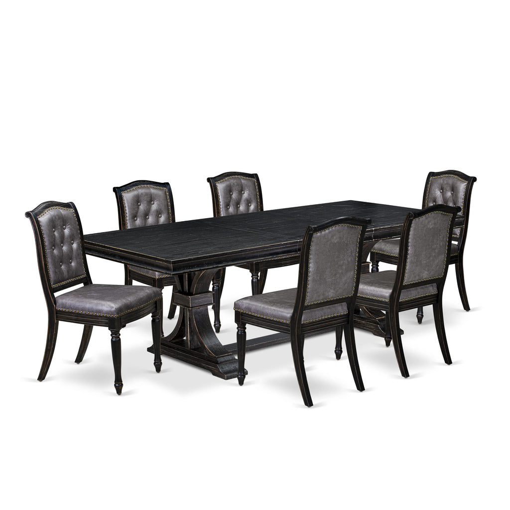 Luxe by East West Furniture - LEMA7-SBB-34 - 7-pc Dining Room Table Set consists of a Kitchen Table and 6 Dark Grey PU Leather Upholstered Chairs with Button Tufted Back - Sand Blasting Black Finish