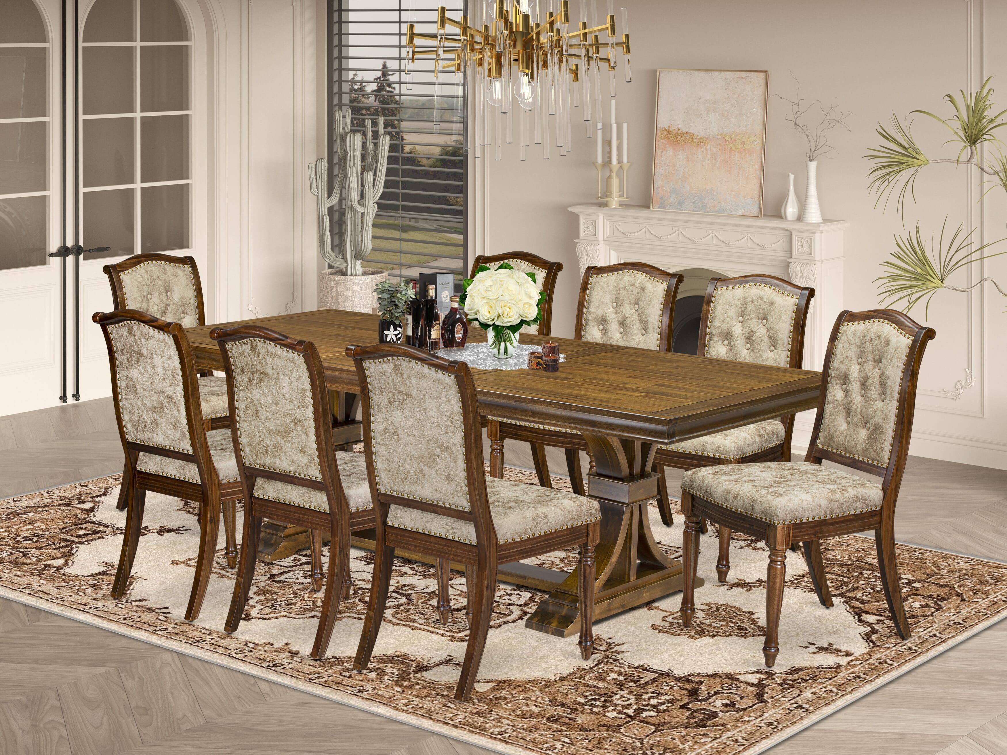 Luxe by East West Furniture LEMA9-AWA-36 9 Pieces Kitchen table set includes a Rectangular Dining Table and 8 Light Beige PU Leather Dining Chairs, Antique Walnut finish