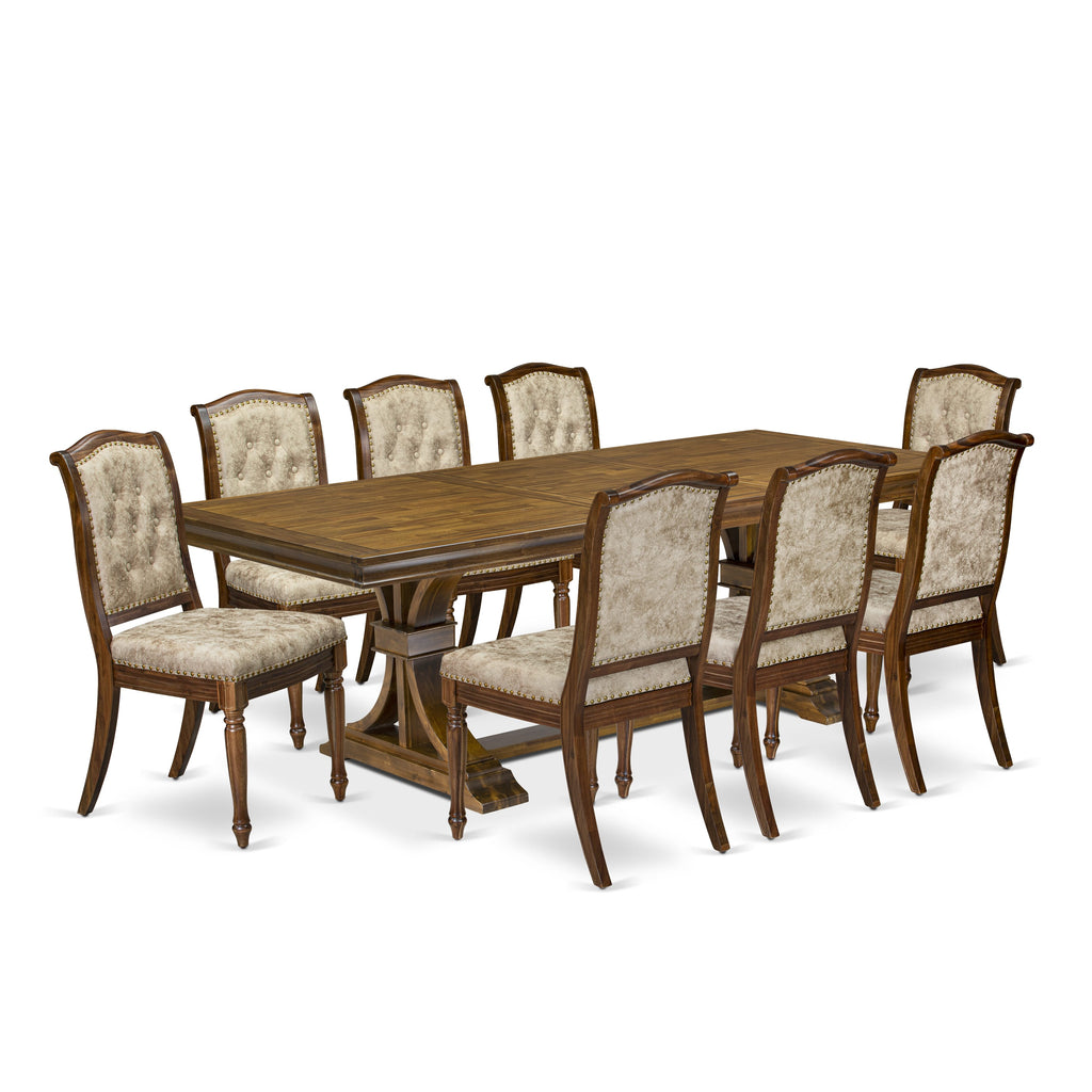 Luxe by East West Furniture LEMA9-AWA-36 9 Pieces Kitchen table set includes a Rectangular Dining Table and 8 Light Beige PU Leather Dining Chairs, Antique Walnut finish