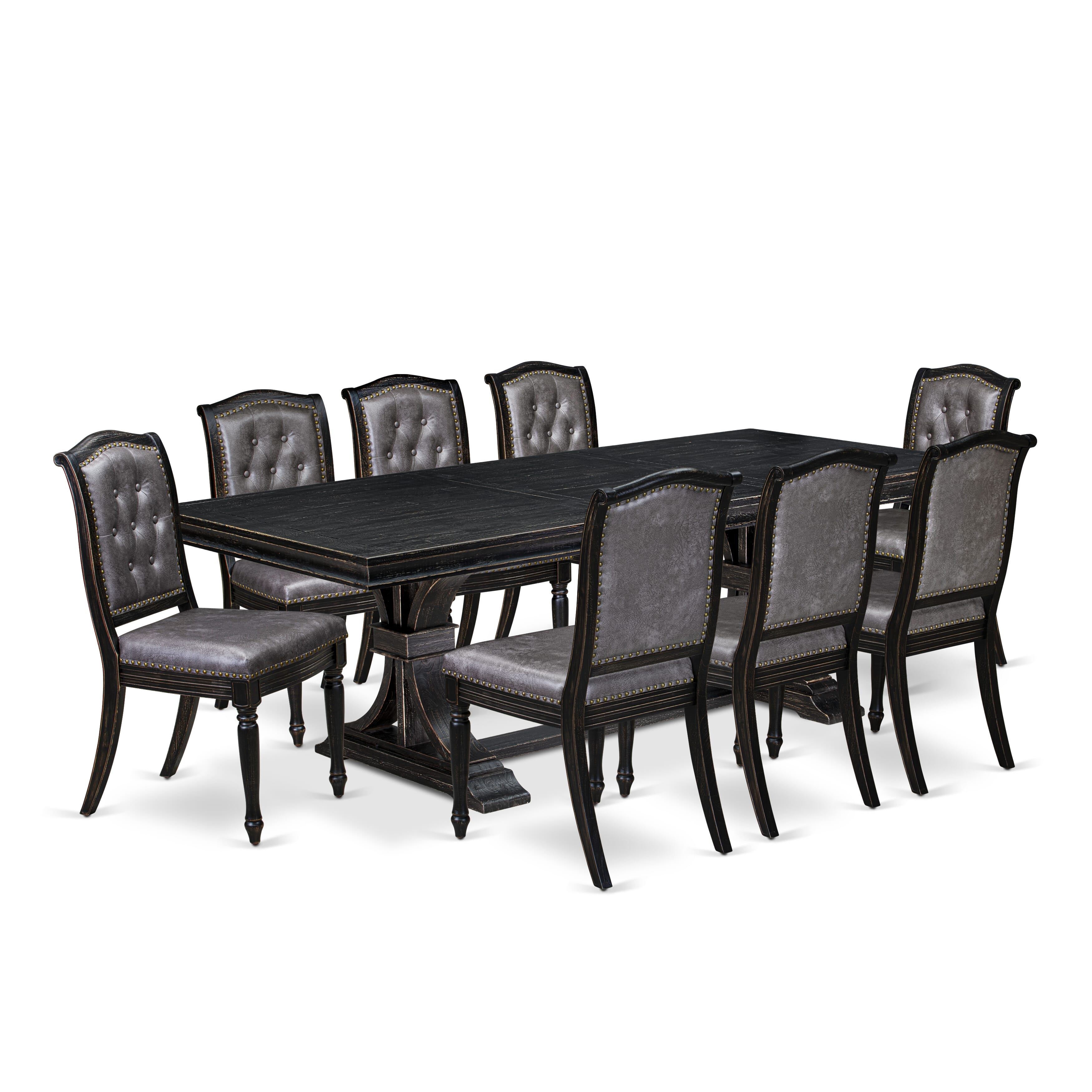 Luxe by East West Furniture - LEMA9-SBB-34 - 9-piece Dining Table Set consists of a Dining Table and 8 Dark Grey PU Leather Modern Dining Chairs with Button Tufted Back - Sand Blasting Black Finish
