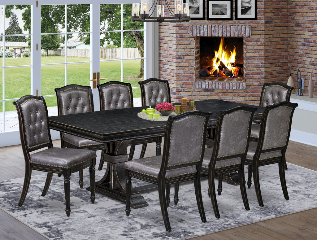 Luxe by East West Furniture - LEMA9-SBB-34 - 9-piece Dining Table Set consists of a Dining Table and 8 Dark Grey PU Leather Modern Dining Chairs with Button Tufted Back - Sand Blasting Black Finish