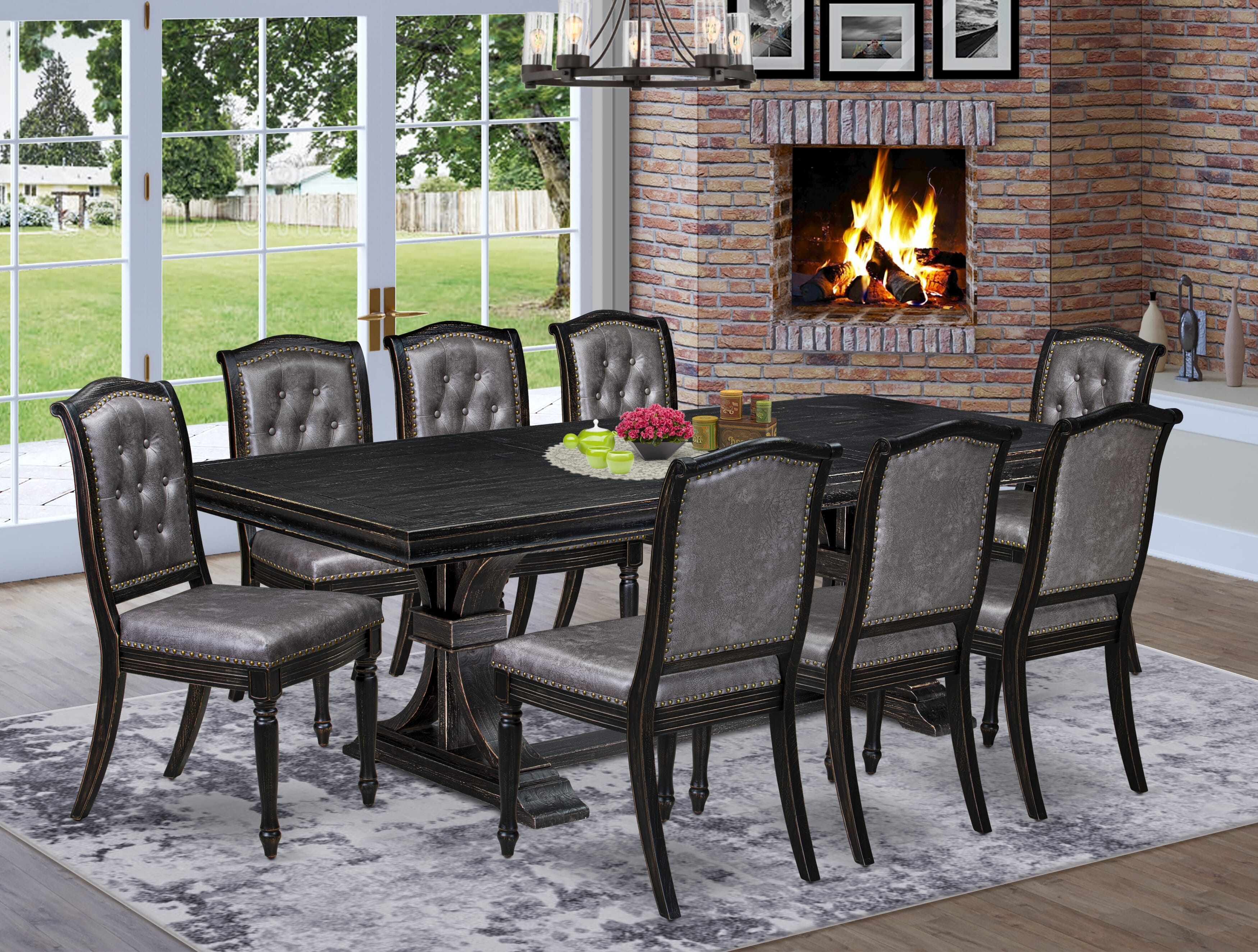 Luxe by East West Furniture - LEMA9-SBB-34 - 9-piece Dining Table Set consists of a Dining Table and 8 Dark Grey PU Leather Modern Dining Chairs with Button Tufted Back - Sand Blasting Black Finish