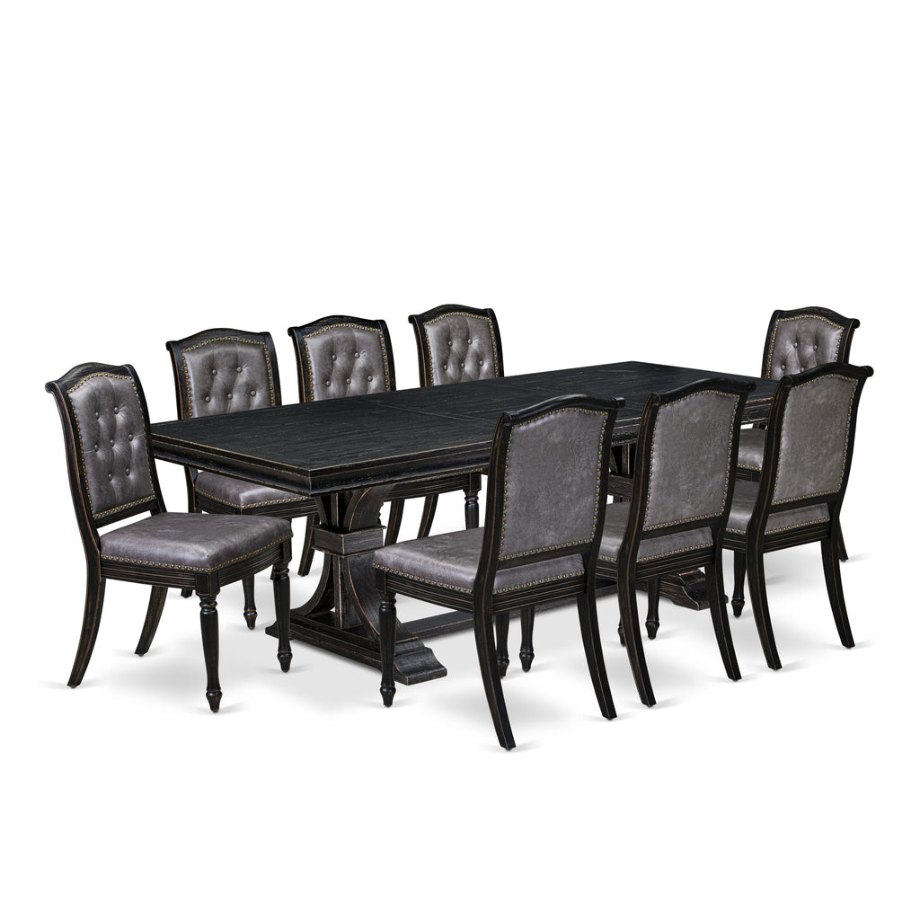 Luxe by East West Furniture - LEMA9-SBB-34 - 9-piece Dining Table Set consists of a Dining Table and 8 Dark Grey PU Leather Modern Dining Chairs with Button Tufted Back - Sand Blasting Black Finish