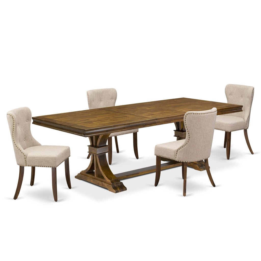 Luxe by East West Furniture - LESI5-AWA-04 - 5-piece Dining Room Set consists of a Wood Table and 4 Light Tan Linen Fabric Parson Dining Chairs with Button Tufted Back - Antique Walnut Finish