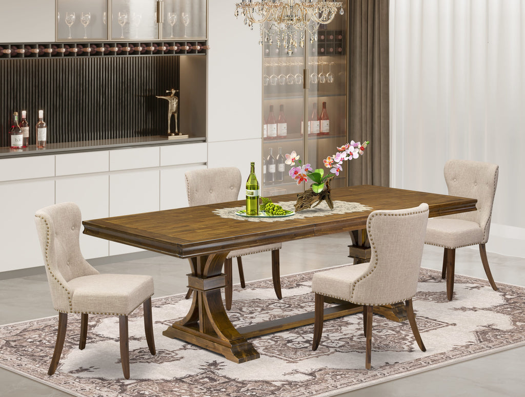 Luxe by East West Furniture - LESI5-AWA-04 - 5-piece Dining Room Set consists of a Wood Table and 4 Light Tan Linen Fabric Parson Dining Chairs with Button Tufted Back - Antique Walnut Finish