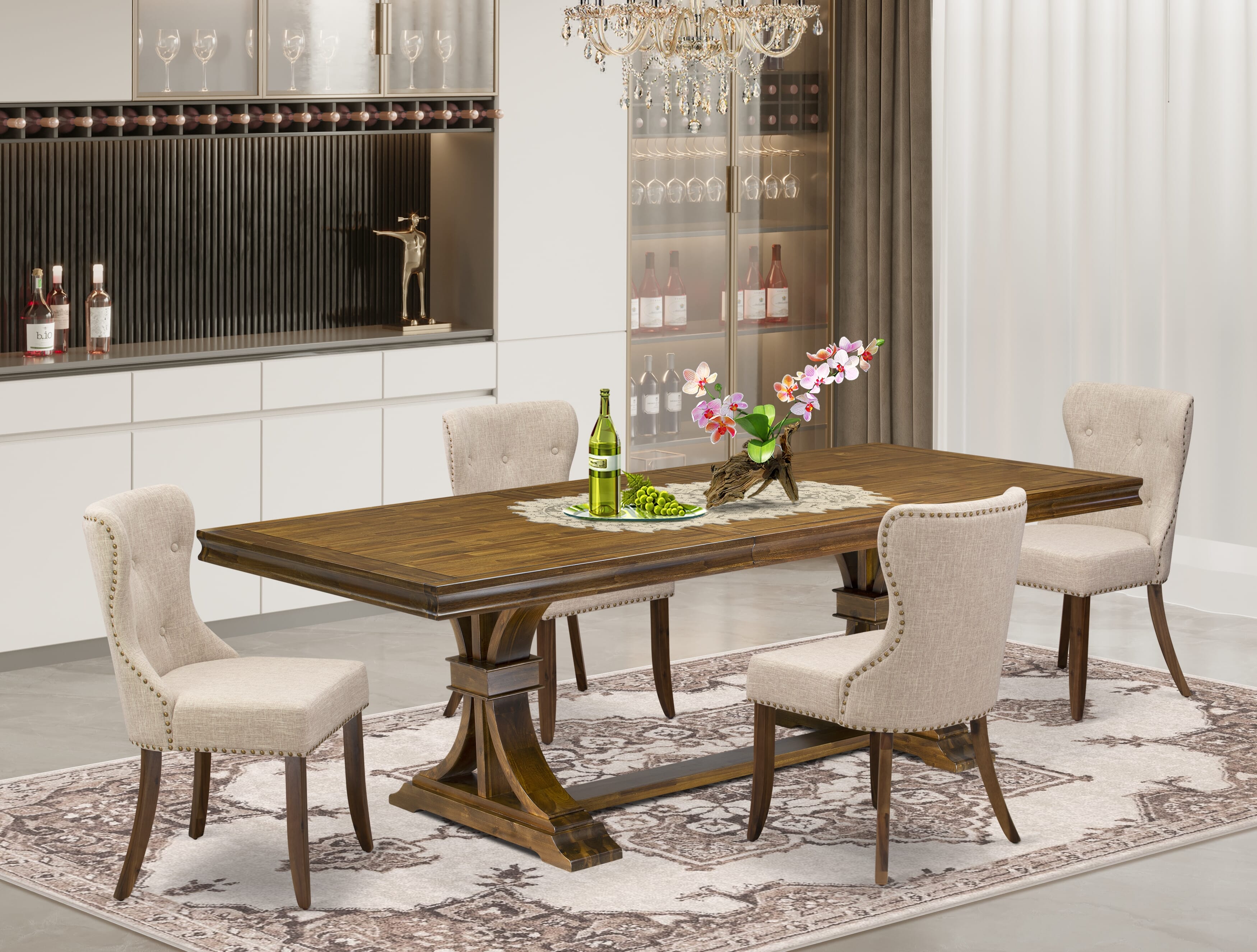 Luxe by East West Furniture - LESI5-AWA-04 - 5-piece Dining Room Set consists of a Wood Table and 4 Light Tan Linen Fabric Parson Dining Chairs with Button Tufted Back - Antique Walnut Finish