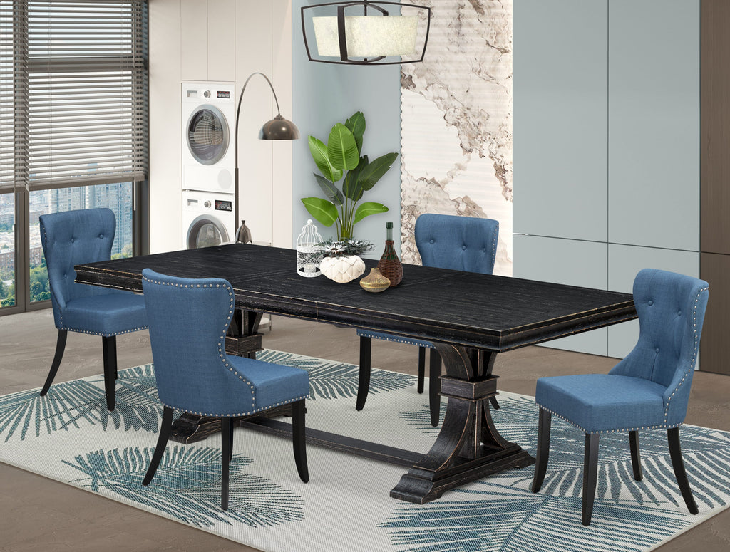 Luxe by East West Furniture - LESI5-SBB-21 - 5-piece Dining Table Set consists of a Modern Table and 4 Blue Linen Fabric Mid Century Dining Chairs with Button Tufted Back - Sand Blasting Black Finish