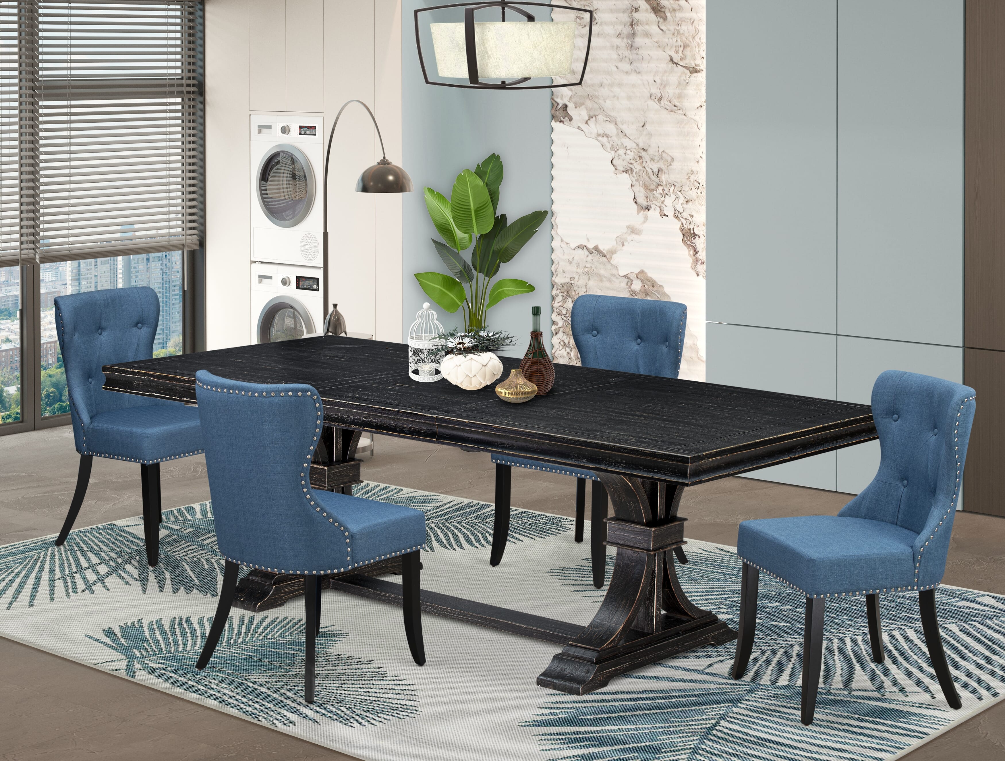Luxe by East West Furniture - LESI5-SBB-21 - 5-piece Dining Table Set consists of a Modern Table and 4 Blue Linen Fabric Mid Century Dining Chairs with Button Tufted Back - Sand Blasting Black Finish