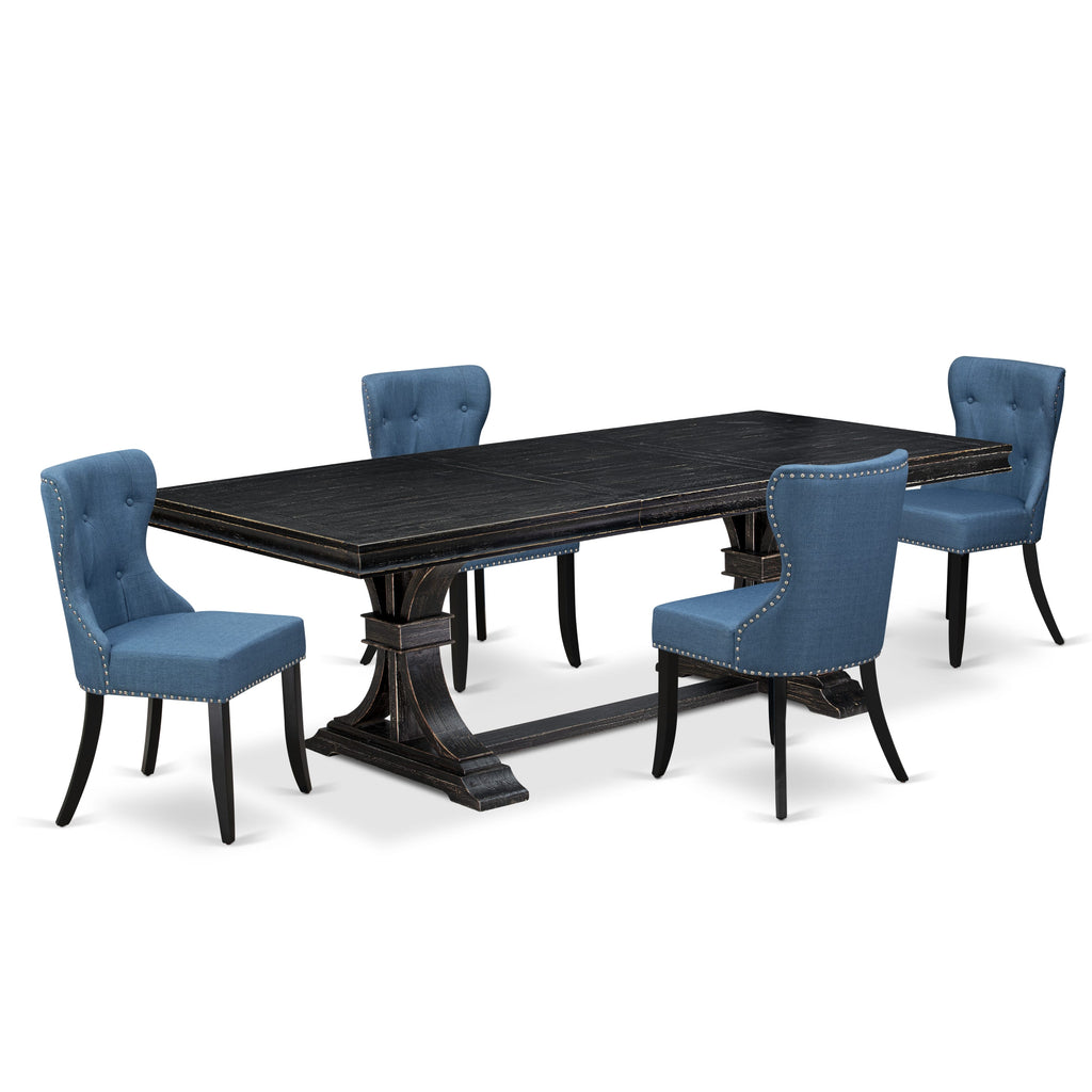 Luxe by East West Furniture - LESI5-SBB-21 - 5-piece Dining Table Set consists of a Modern Table and 4 Blue Linen Fabric Mid Century Dining Chairs with Button Tufted Back - Sand Blasting Black Finish