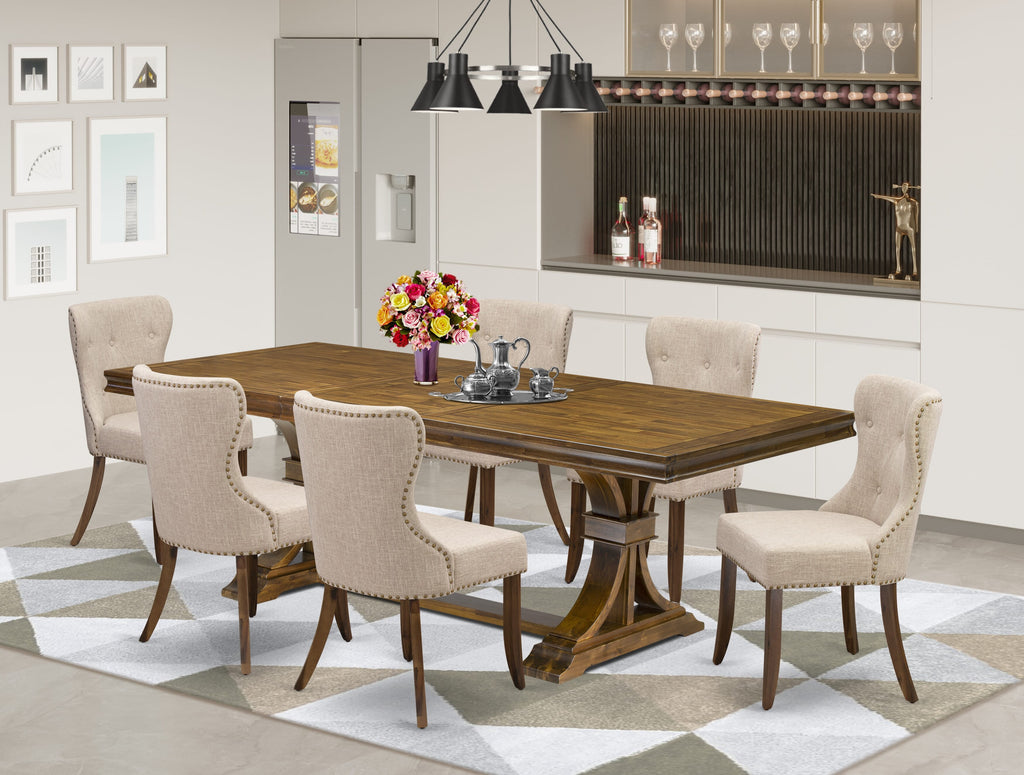Luxe by East West Furniture - LESI7-AWA-04 - 7-piece Dining Table Set consists of a Modern Dining Table and 6 Light Tan Linen Fabric Upholstered Chairs with Button Tufted Back - Antique Walnut Finish