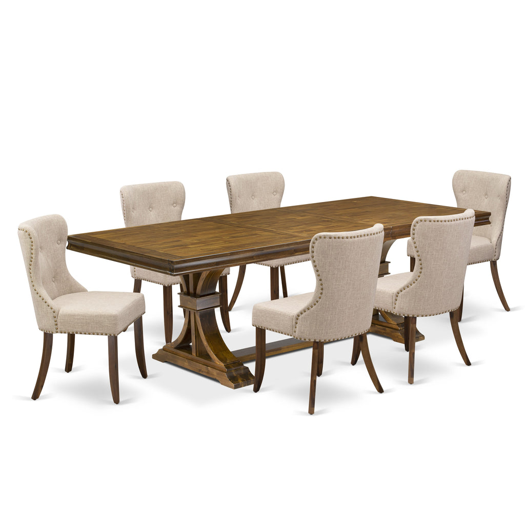 Luxe by East West Furniture - LESI7-AWA-04 - 7-piece Dining Table Set consists of a Modern Dining Table and 6 Light Tan Linen Fabric Upholstered Chairs with Button Tufted Back - Antique Walnut Finish