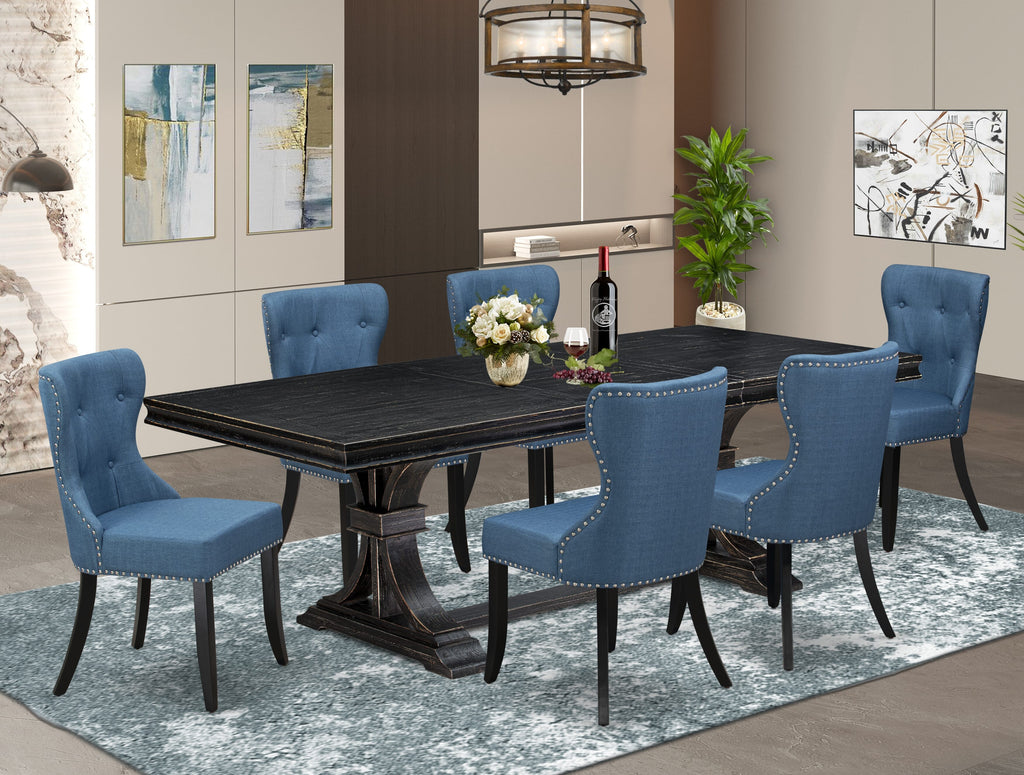 Luxe by East West Furniture - LESI7-SBB-21 - 7-piece Kitchen Table Set consists of a Kitchen Table and 6 Blue Linen Fabric Dinning Room Chairs with Button Tufted Back - Sand Blasting Black Finish