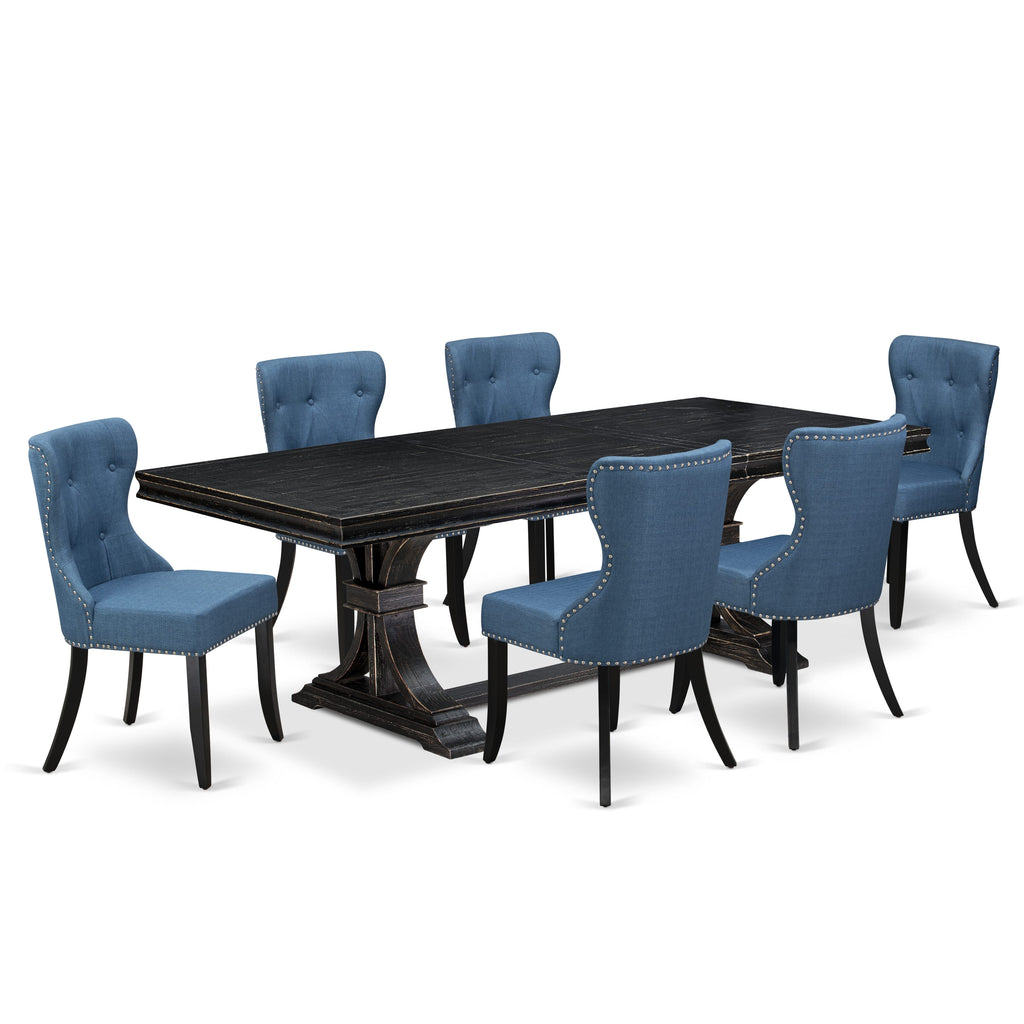 Luxe by East West Furniture - LESI7-SBB-21 - 7-piece Kitchen Table Set consists of a Kitchen Table and 6 Blue Linen Fabric Dinning Room Chairs with Button Tufted Back - Sand Blasting Black Finish