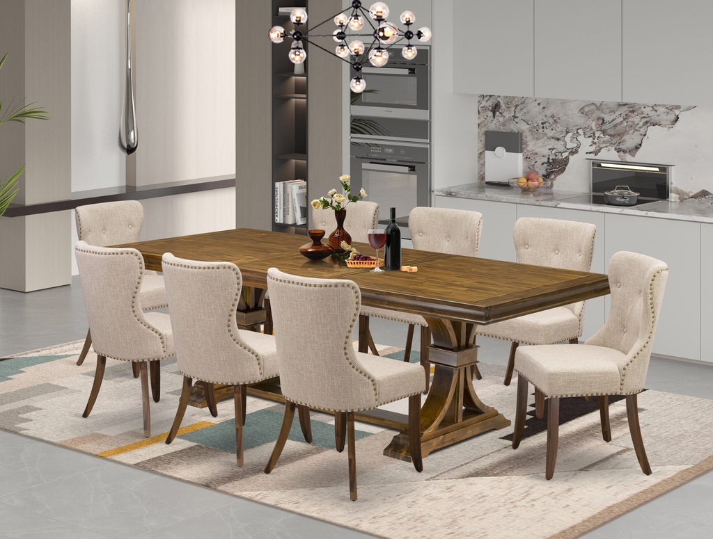 Luxe by East West Furniture - LESI9-AWA-04 - 9-pc Modern Dining Set consists of a Dining Table and 8 Light Tan Linen Fabric Mid Century Dining Chairs with Button Tufted Back - Antique Walnut Finish