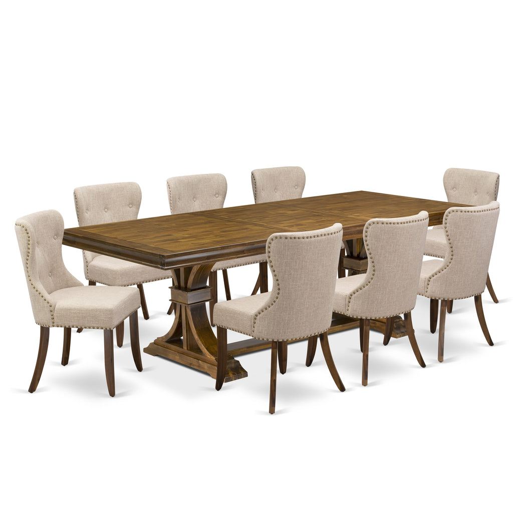 Luxe by East West Furniture - LESI9-AWA-04 - 9-pc Modern Dining Set consists of a Dining Table and 8 Light Tan Linen Fabric Mid Century Dining Chairs with Button Tufted Back - Antique Walnut Finish