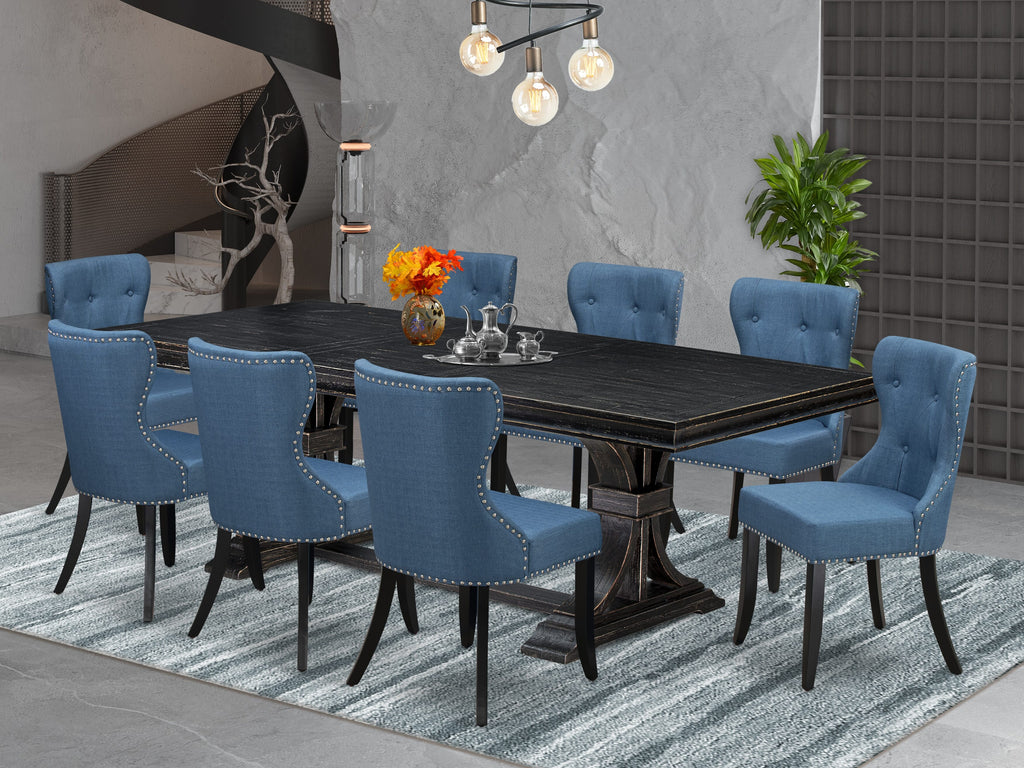 Luxe by East West Furniture - LESI9-SBB-21 - 9-piece Dining Room Set consists of a Modern Table and 8 Blue Linen Fabric Dining Room Chairs with Button Tufted Back - Sand Blasting Black Finish