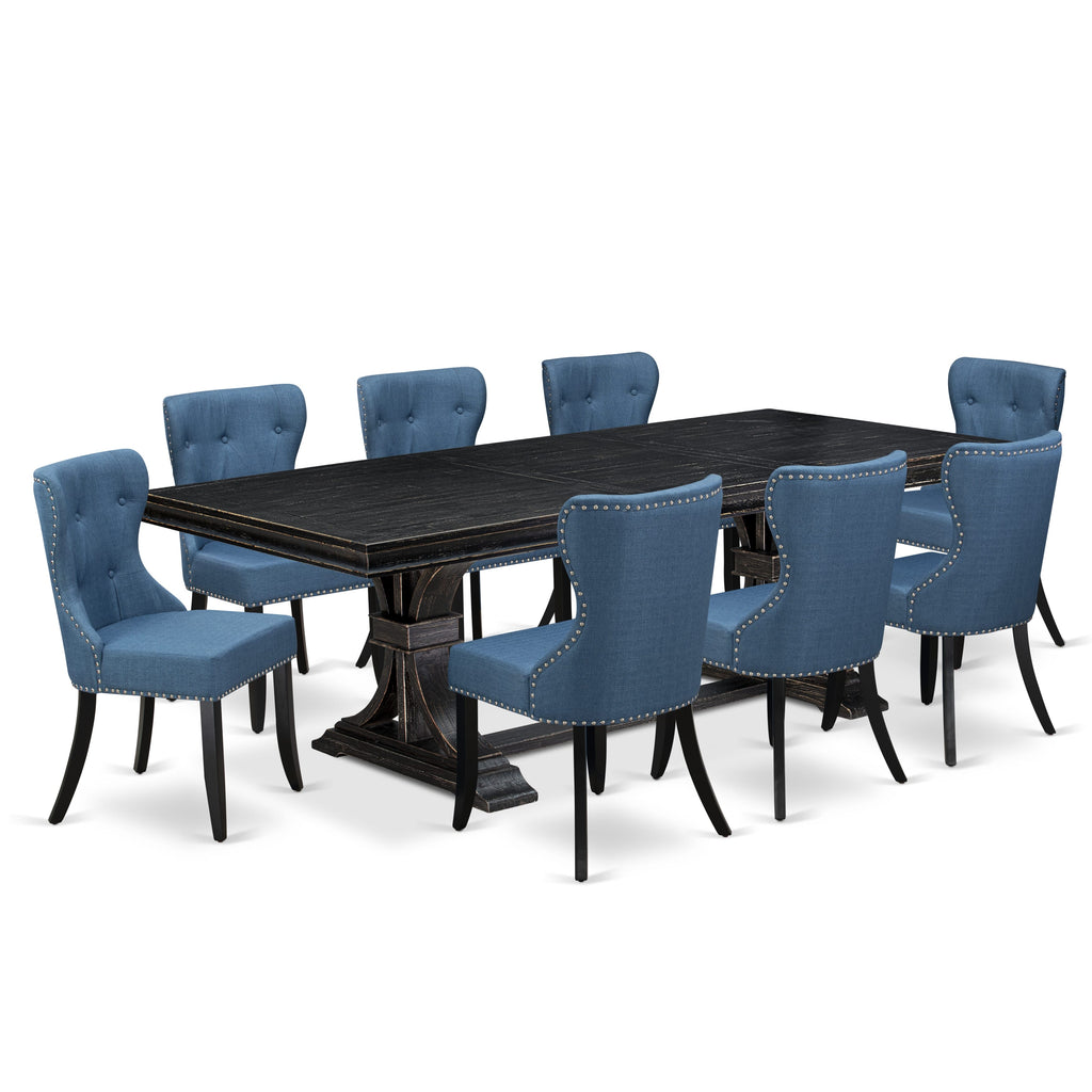 Luxe by East West Furniture - LESI9-SBB-21 - 9-piece Dining Room Set consists of a Modern Table and 8 Blue Linen Fabric Dining Room Chairs with Button Tufted Back - Sand Blasting Black Finish