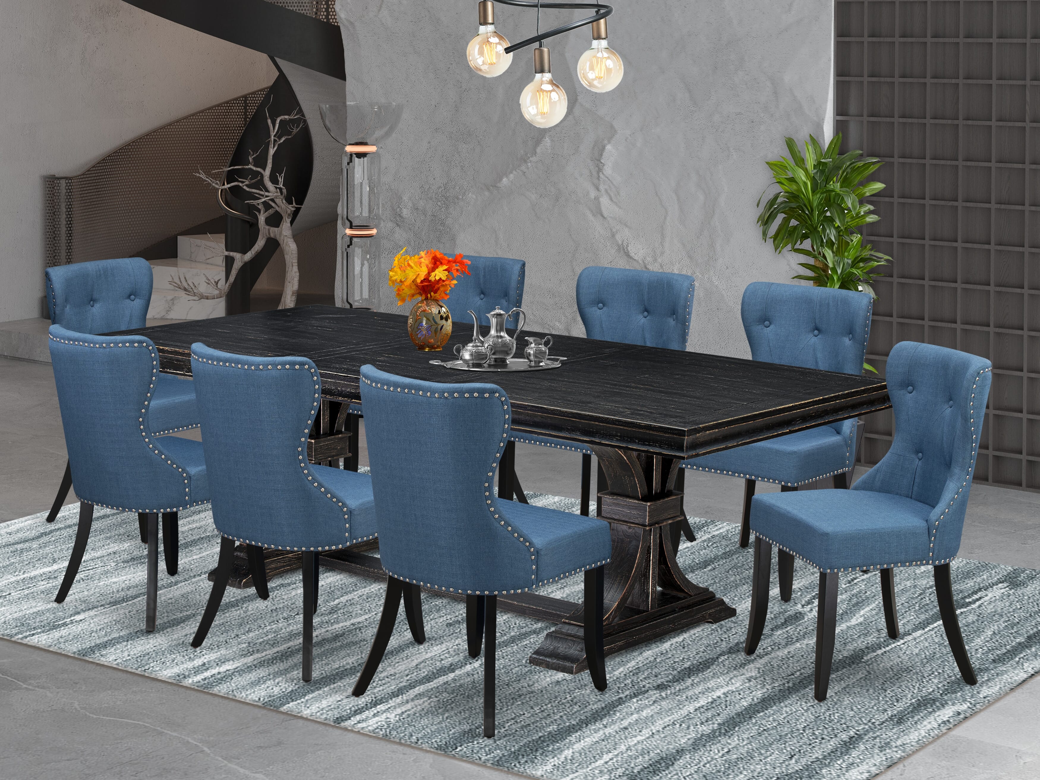 Luxe by East West Furniture - LESI9-SBB-21 - 9-piece Dining Room Set consists of a Modern Table and 8 Blue Linen Fabric Dining Room Chairs with Button Tufted Back - Sand Blasting Black Finish
