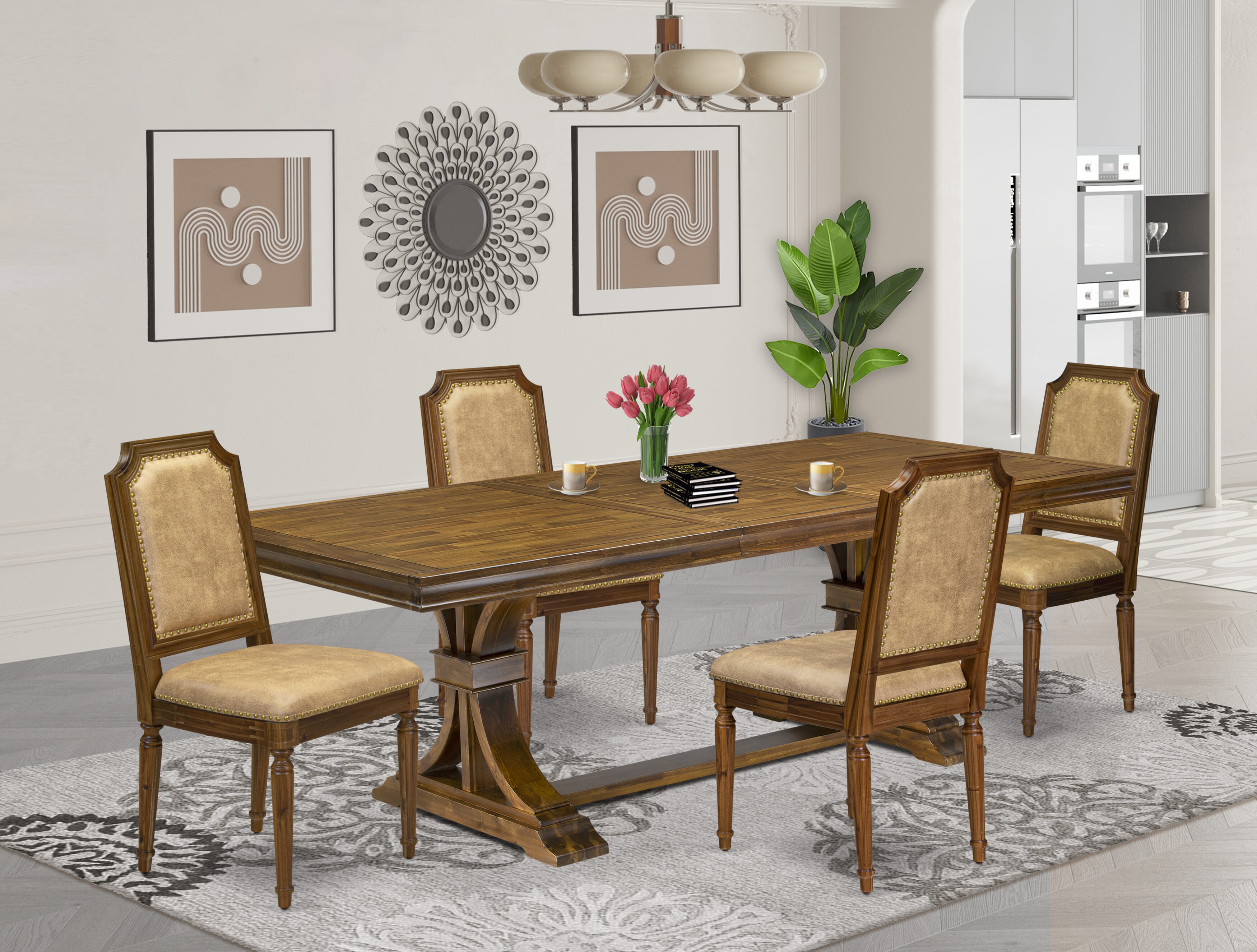 Luxe by East West Furniture LETY5-AWA-28 5-piece Kitchen Table Set includes a Modern Dining Table and 4 Beige PU Leather Dinner Chairs with High Back - Antique Walnut Finish