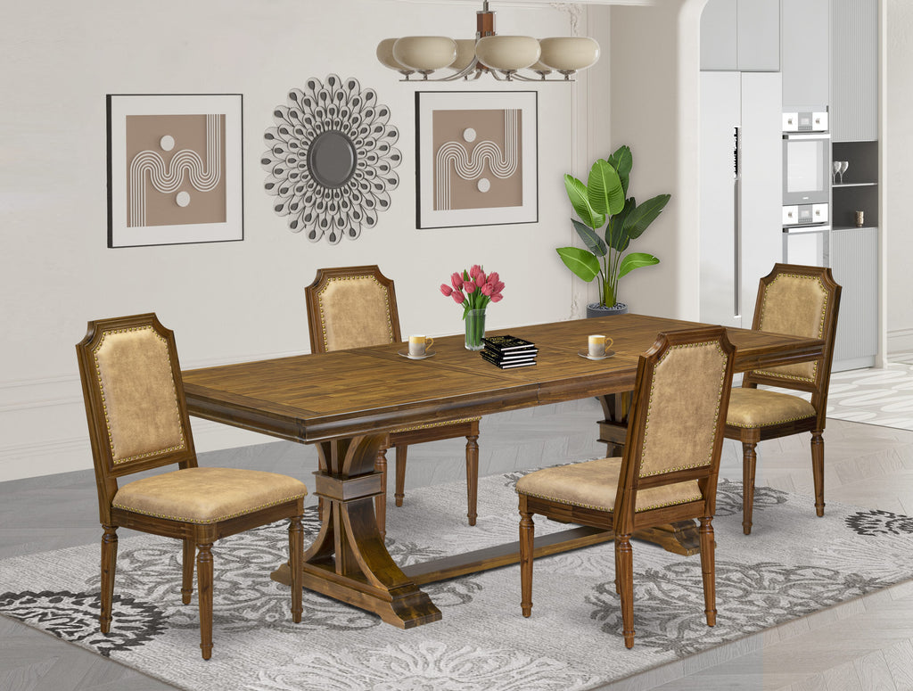 Luxe by East West Furniture LETY5-AWA-28 5-piece Kitchen Table Set includes a Modern Dining Table and 4 Beige PU Leather Dinner Chairs with High Back - Antique Walnut Finish