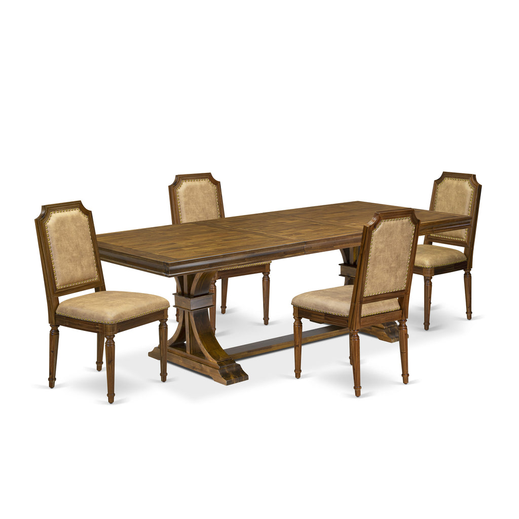 Luxe by East West Furniture LETY5-AWA-28 5-piece Kitchen Table Set includes a Modern Dining Table and 4 Beige PU Leather Dinner Chairs with High Back - Antique Walnut Finish