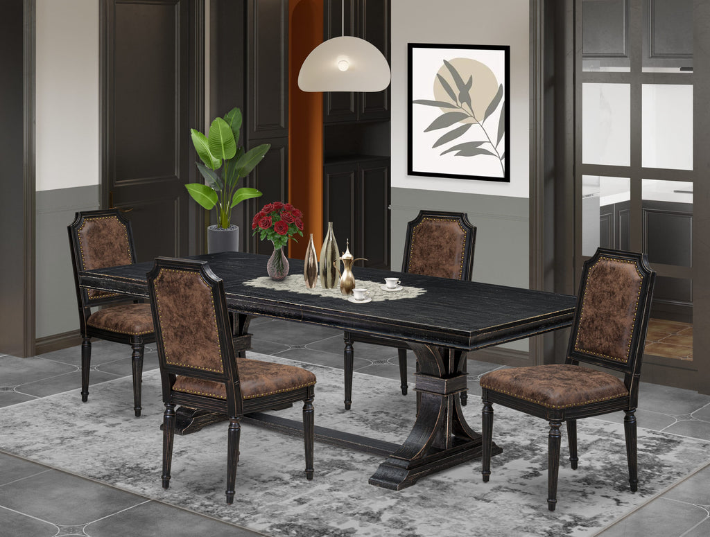 Luxe by East West Furniture LETY5-SBB-33 5-piece Mid-Century Dining Table Set includes a Kitchen Table and 4 Brown Textured PU Leather Dining Chairs with High Back-Sand Blasting Black Finish