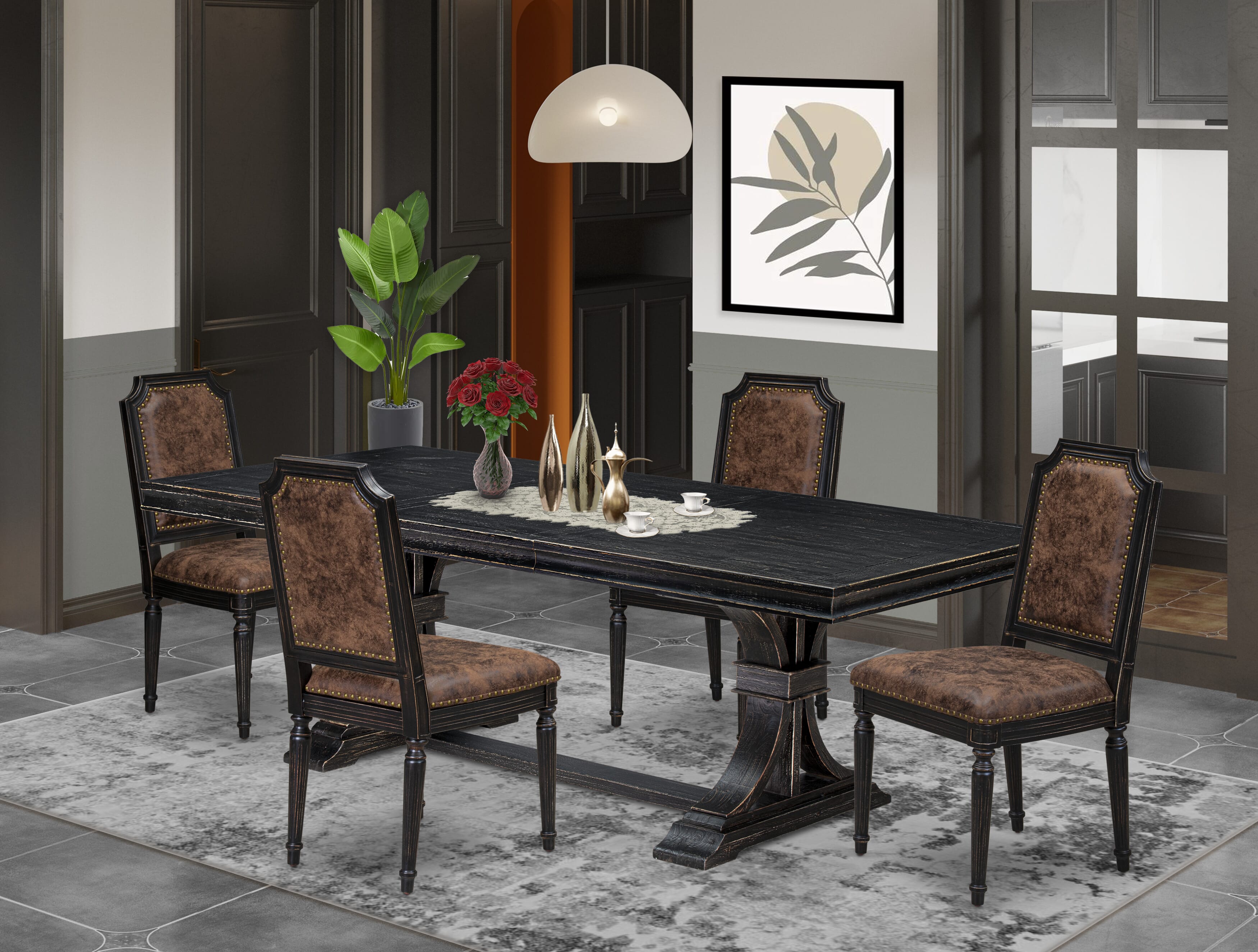Luxe by East West Furniture LETY5-SBB-33 5-piece Mid-Century Dining Table Set includes a Kitchen Table and 4 Brown Textured PU Leather Dining Chairs with High Back-Sand Blasting Black Finish