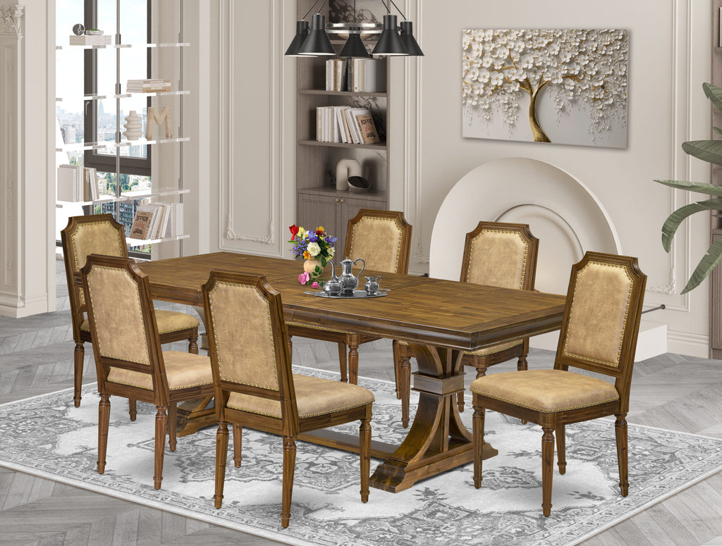 Luxe by East West Furniture LETY7-AWA-28 7-piece Mid-Century Dining Table Set consists of a Kitchen Table and 6 Beige PU Leather Dining room Chairs with High Back-Antique Walnut Finish