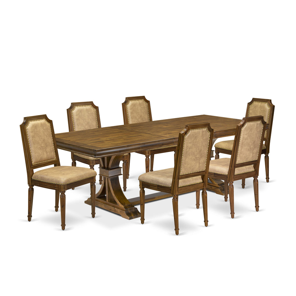 Luxe by East West Furniture LETY7-AWA-28 7-piece Mid-Century Dining Table Set consists of a Kitchen Table and 6 Beige PU Leather Dining room Chairs with High Back-Antique Walnut Finish