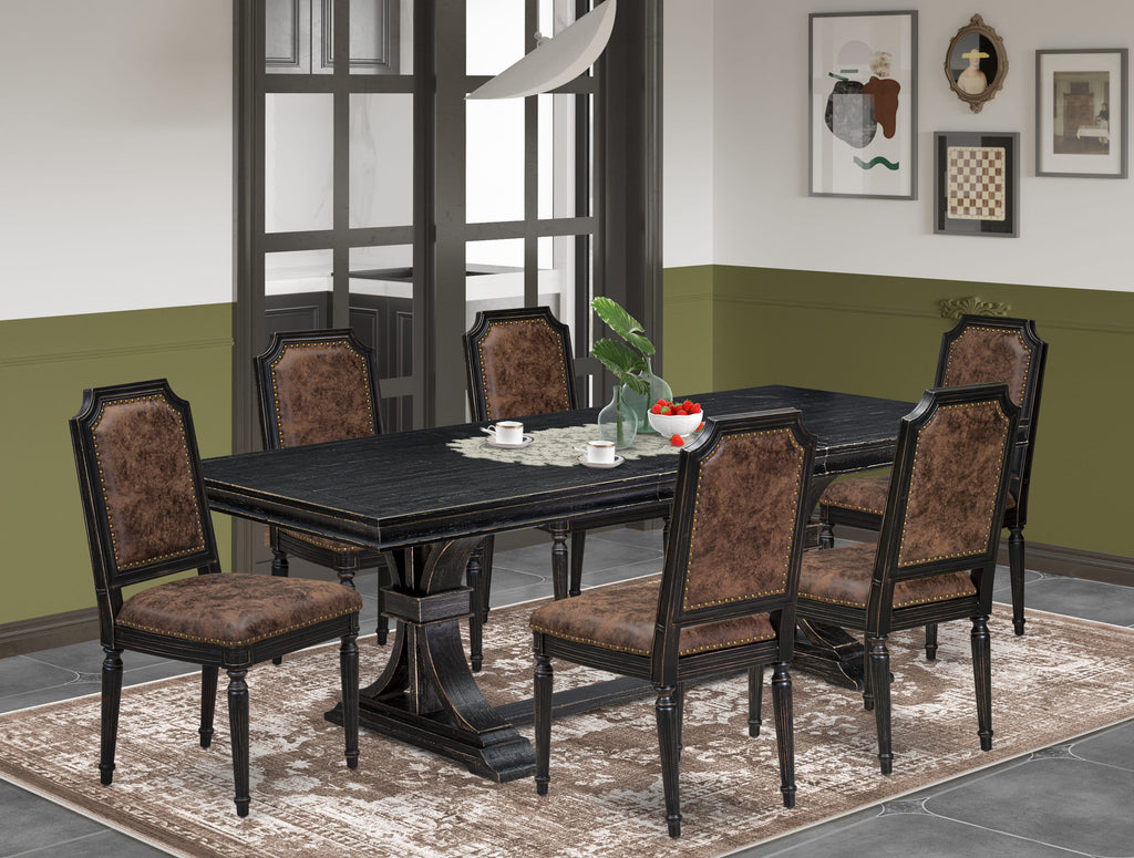Luxe by East West Furniture LETY7-SBB-33 7-piece Dining Table Set consists of a Dining Table and 6 Brown Textured PU Leather Kitchen Chairs with High Back-Sand Blasting Black Finish