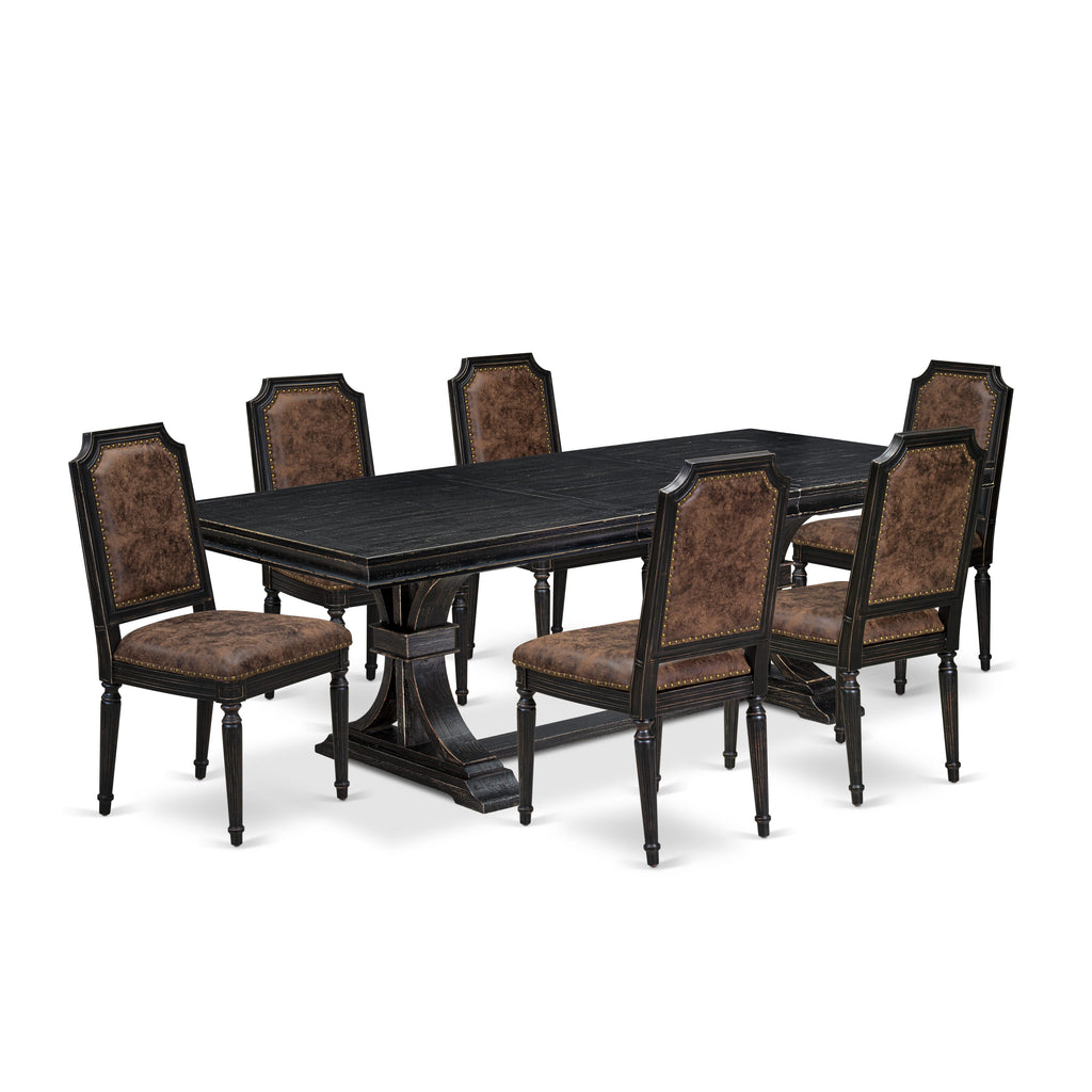 Luxe by East West Furniture LETY7-SBB-33 7-piece Dining Table Set consists of a Dining Table and 6 Brown Textured PU Leather Kitchen Chairs with High Back-Sand Blasting Black Finish